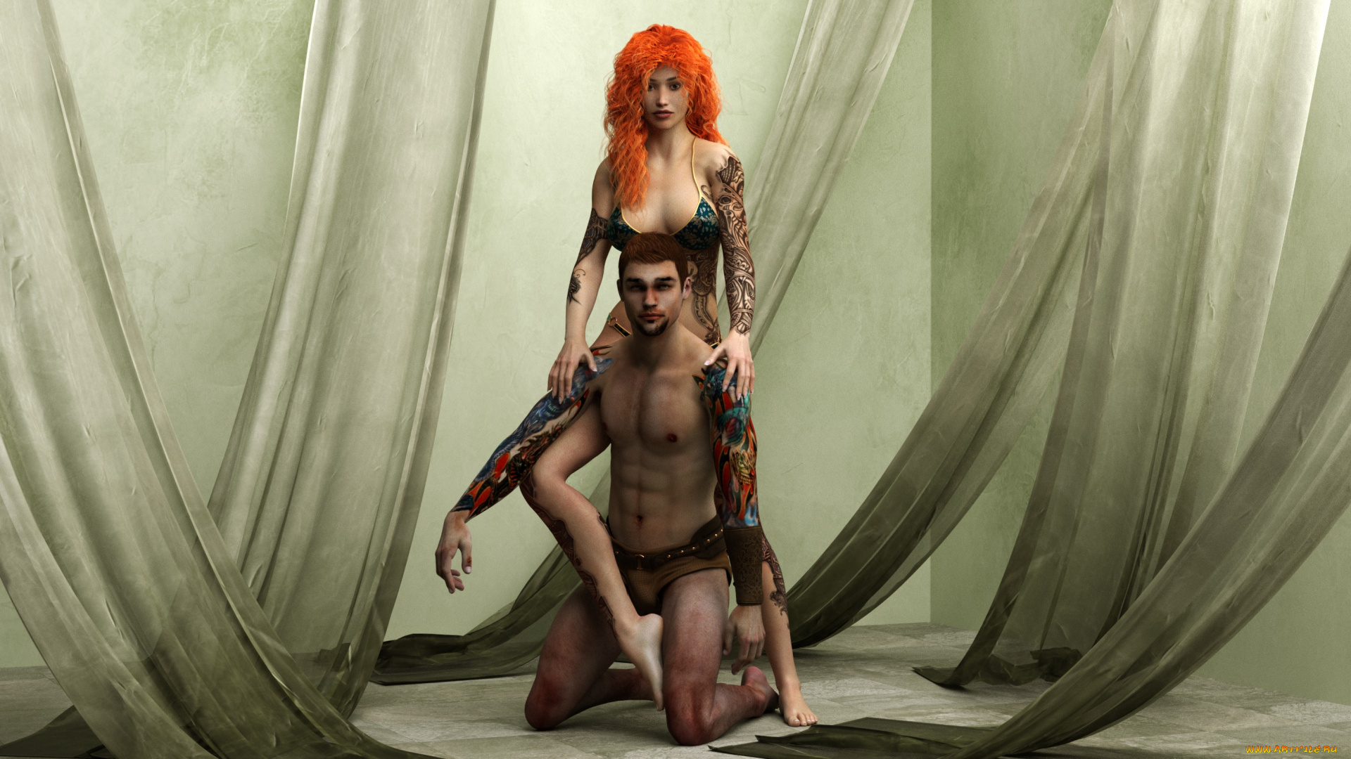 3д, графика, люди, , people, парень, тату, шар, рыжая, фон, взгляд, девушка