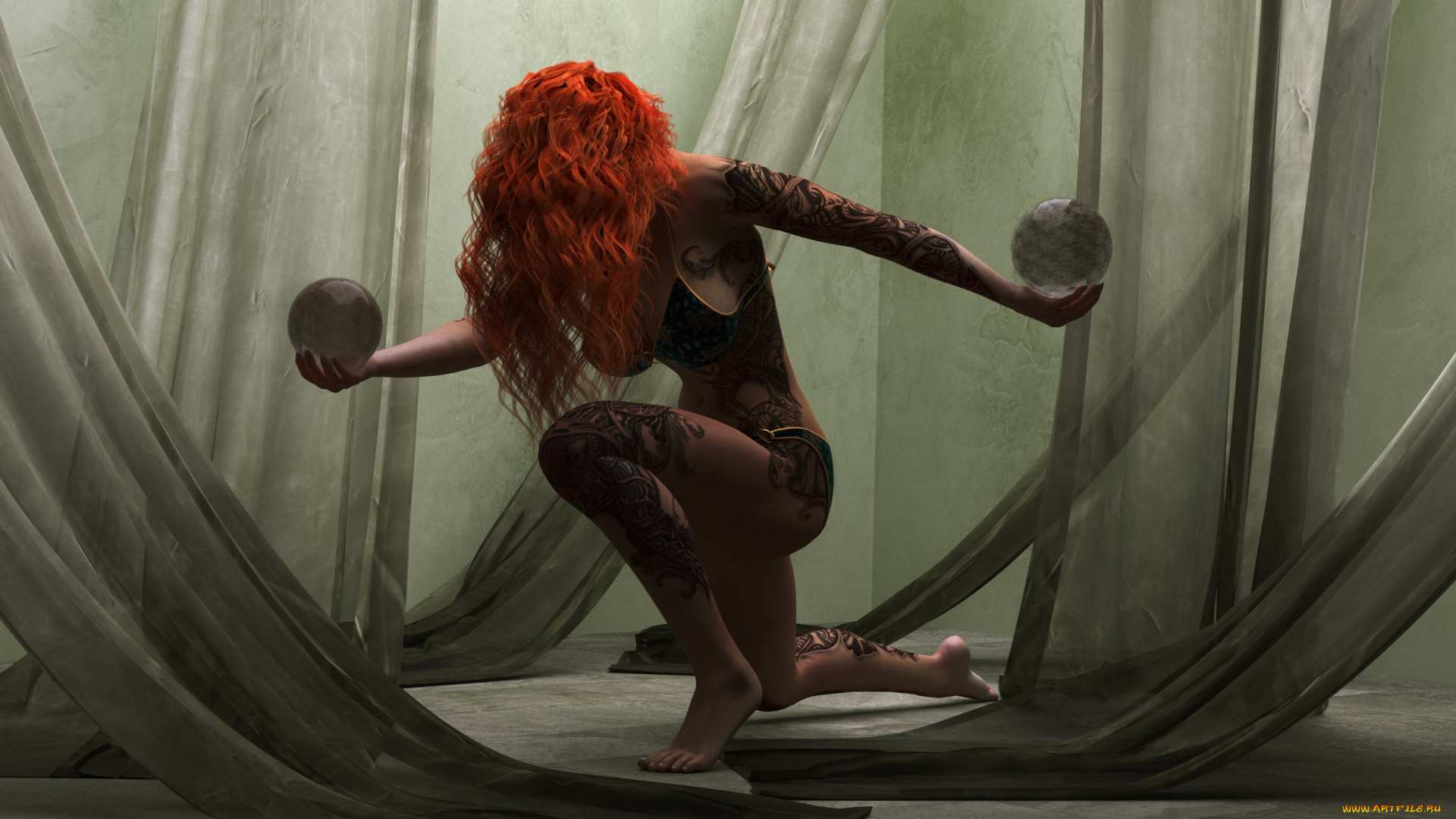 3д, графика, люди, , people, тату, шар, девушка, взгляд, рыжая, фон