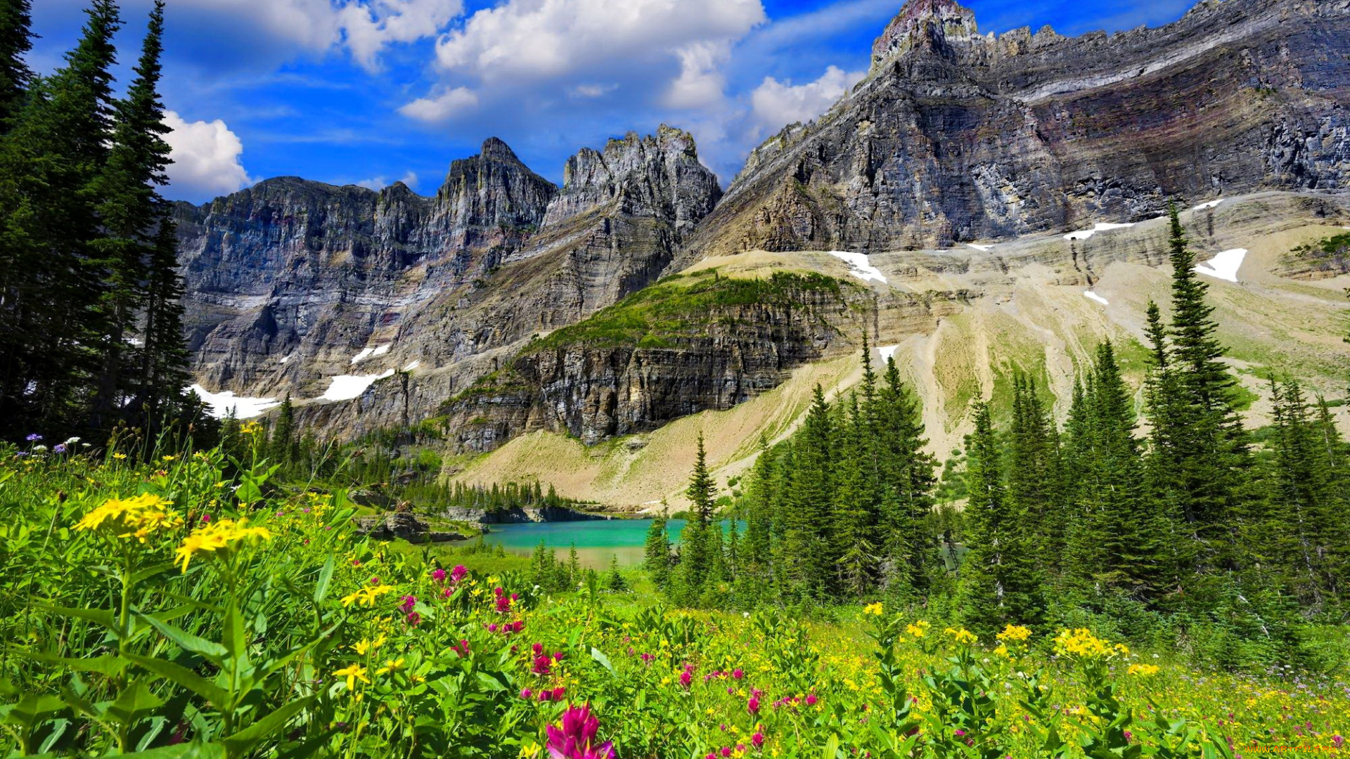 природа, горы, трава, озеро