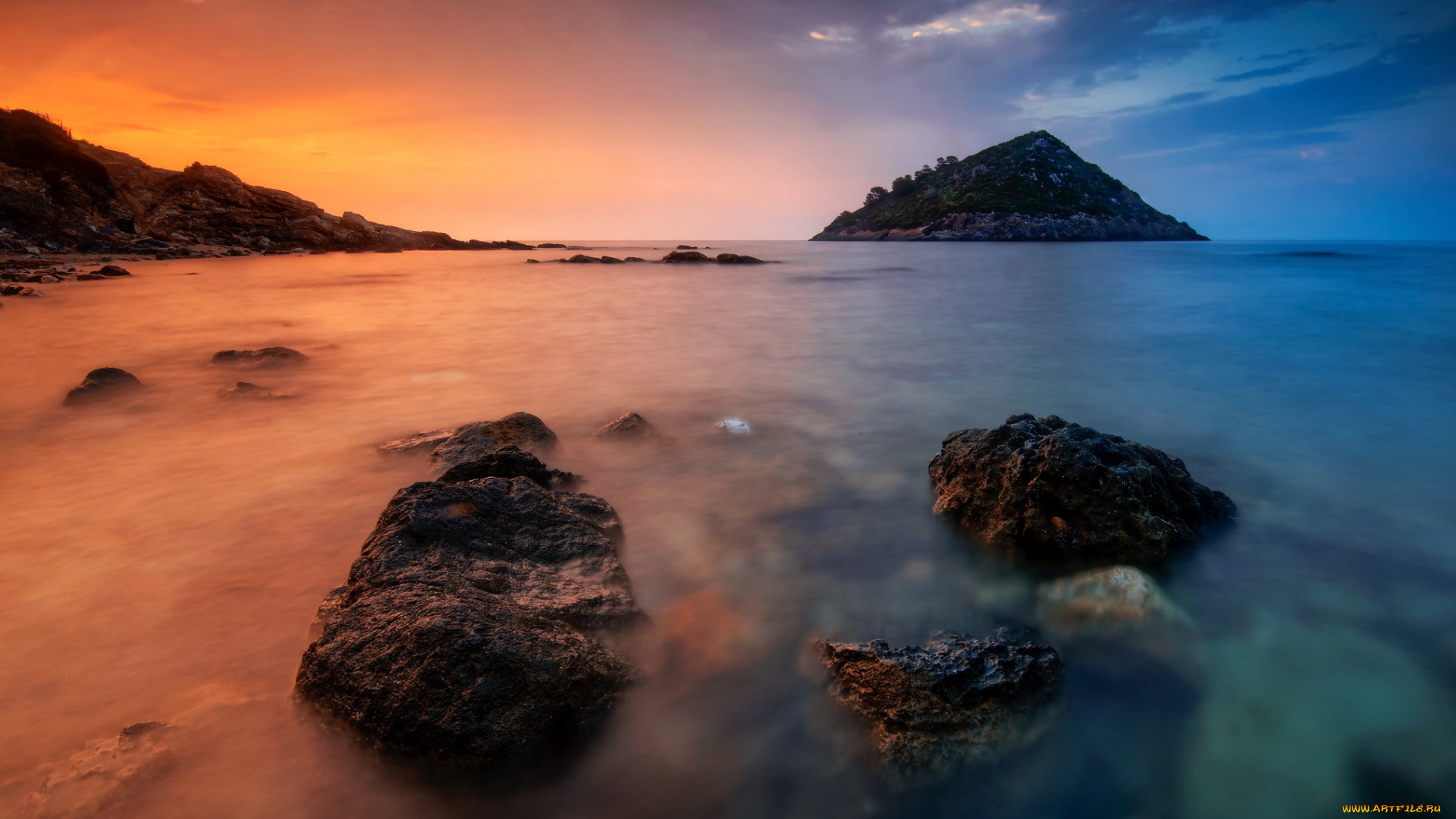 природа, побережье, закат, остров, камни, море