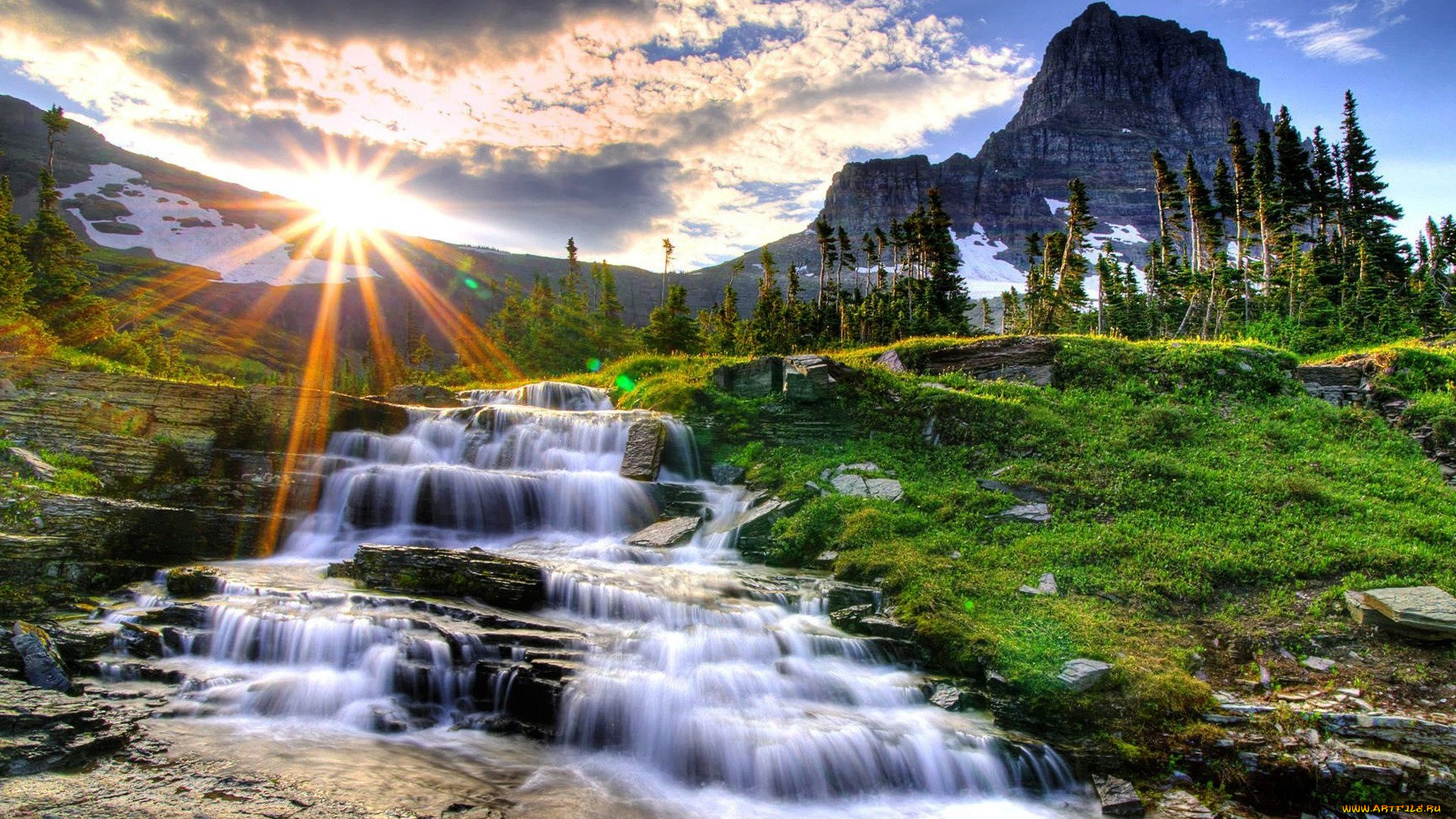 природа, восходы, закаты, солнце, облака, горы, деревья, рассвет, утро, лучи, небо, камни, уступы, река