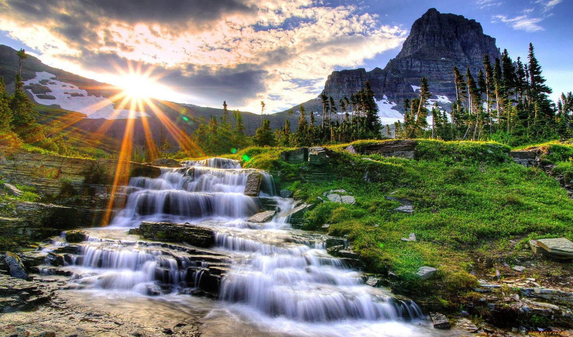 природа, восходы, закаты, солнце, облака, горы, деревья, рассвет, утро, лучи, небо, камни, уступы, река