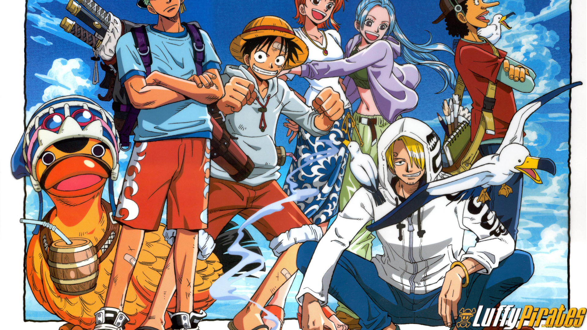 аниме, one, piece, небо, облака, люди, чайки, птицы