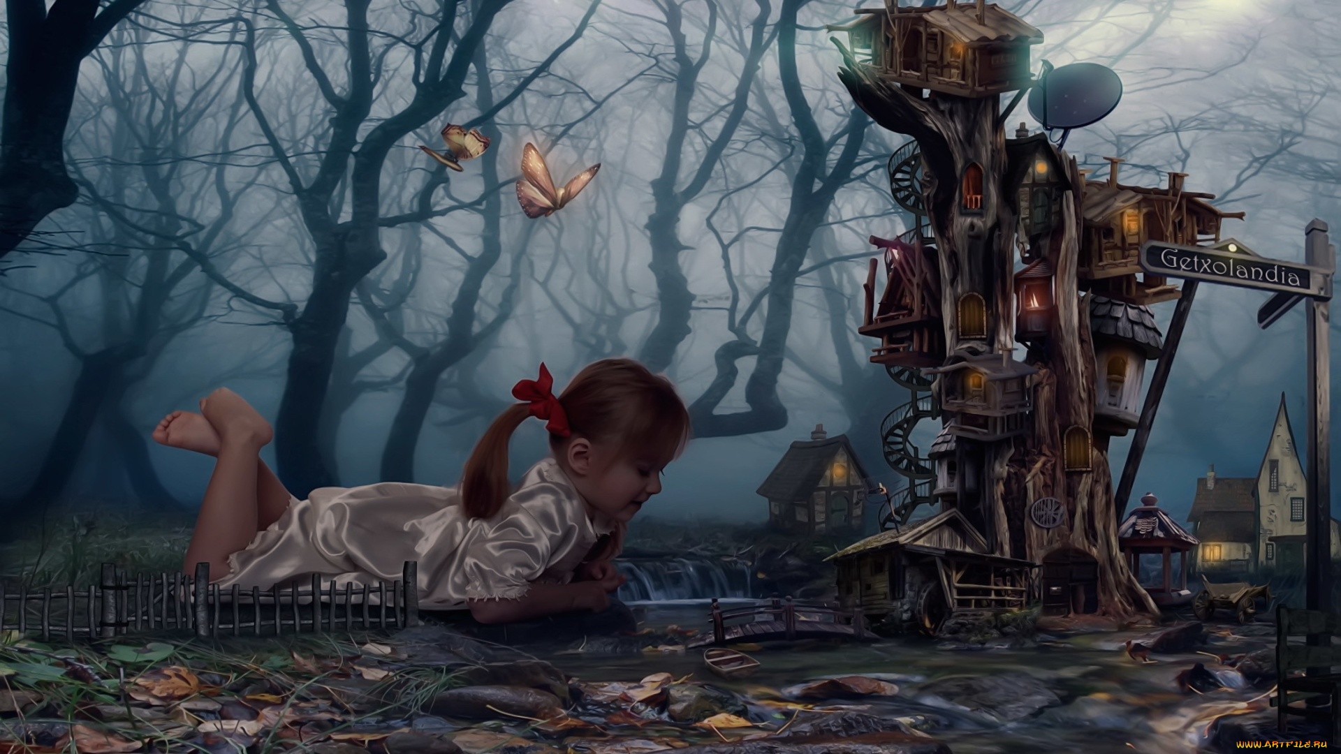 фэнтези, фотоарт, девочка, мечта, сон, лес, бабочка, дом, дерево