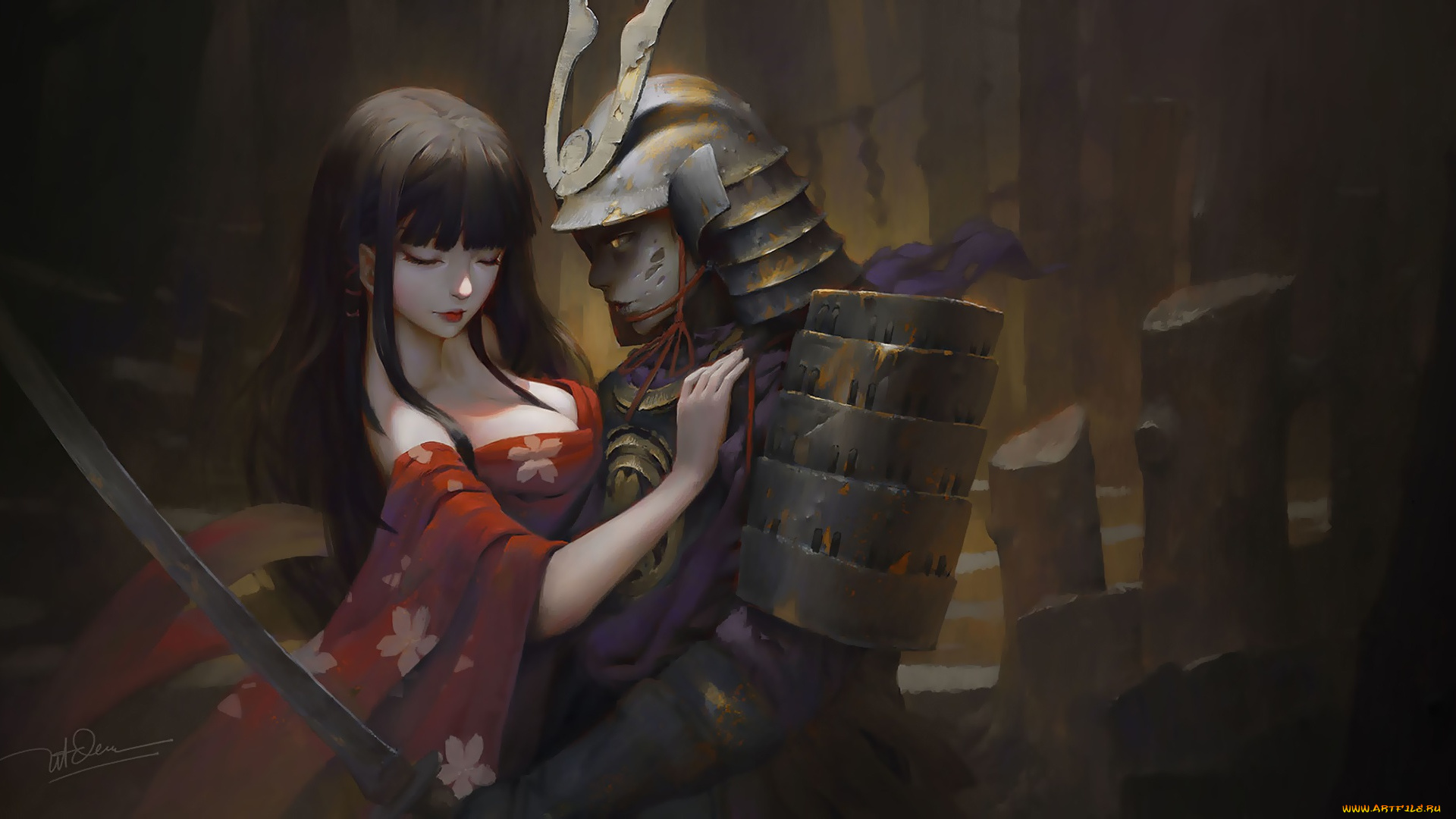 фэнтези, люди, sword, breast, dao, le, trong, chest, katana, helmet, japanese, girl, fantasy, art, warrior, artwork, painting, kimono, armor, cleavage, hug, samurai