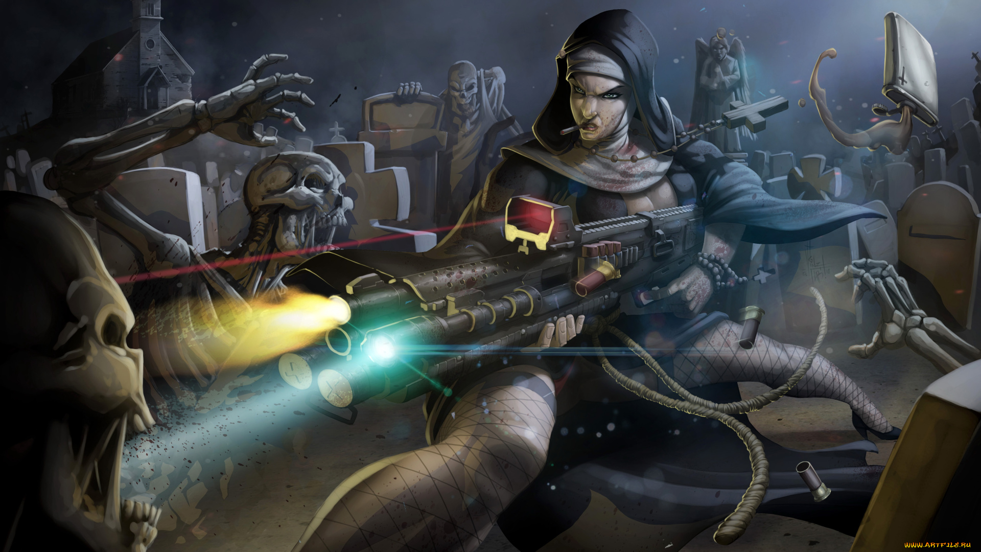 фэнтези, нежить, оружие, монахиня, девушка