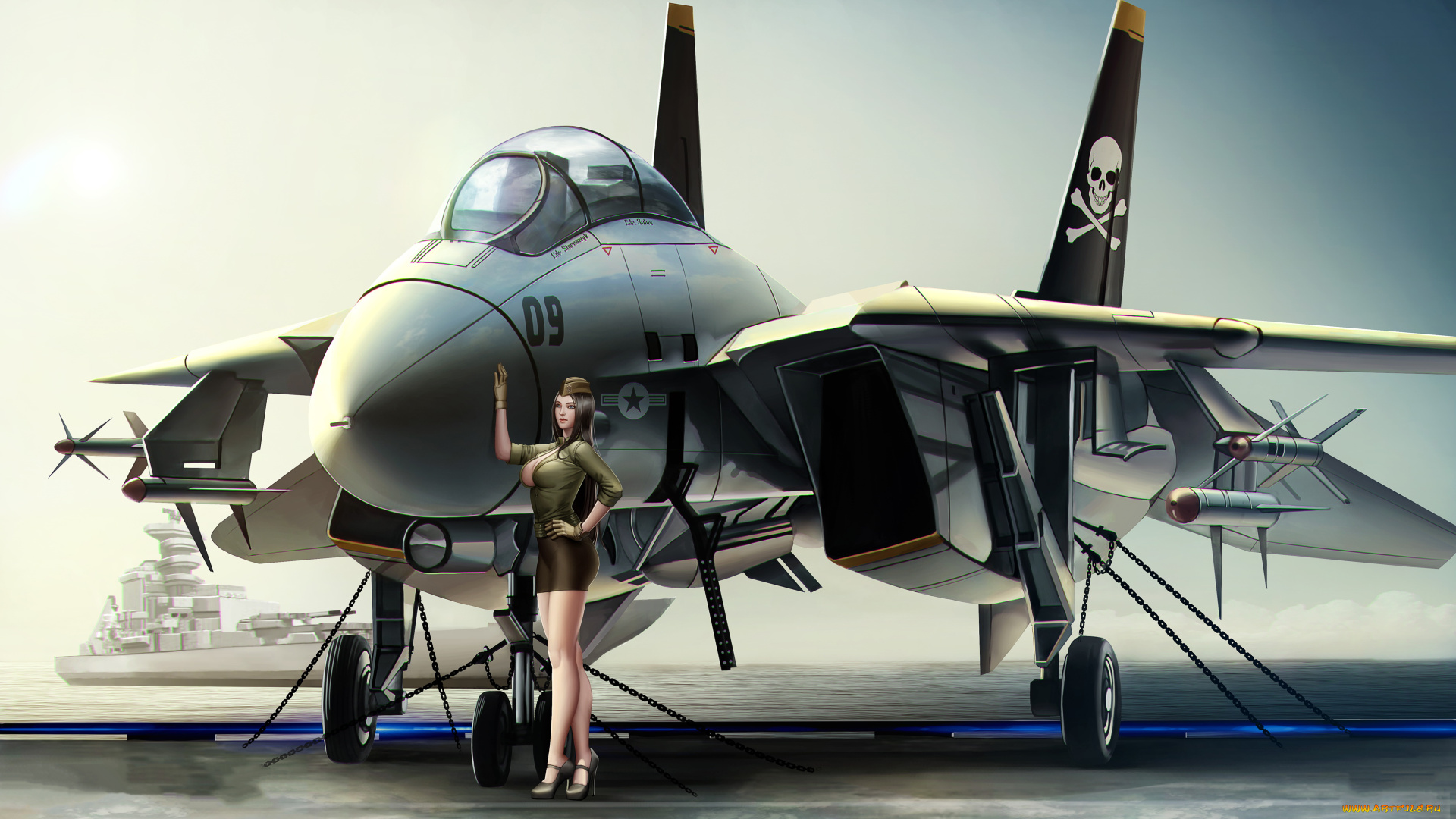 рисованное, армия, девушка, фон, самолет