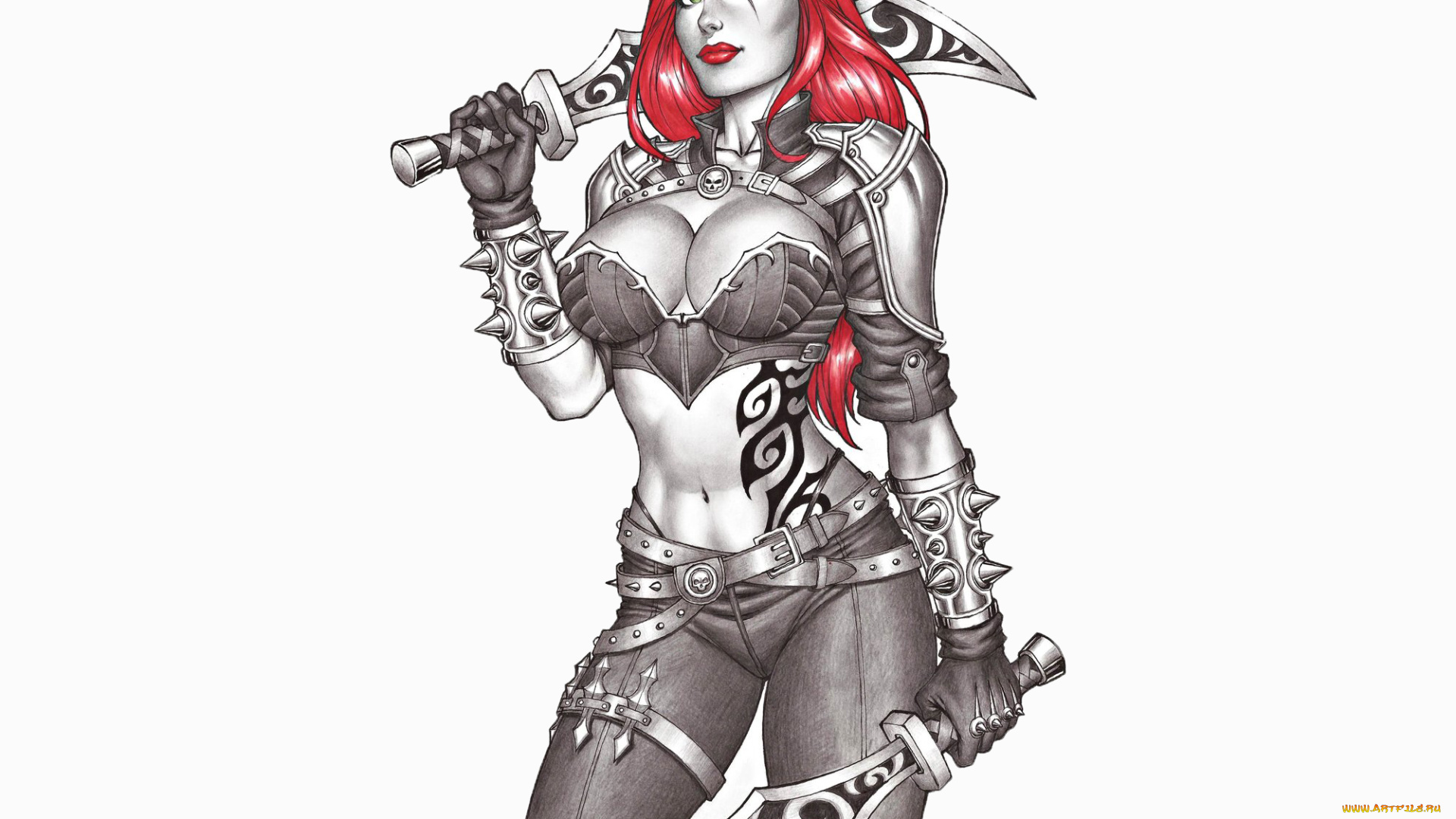 рисованное, комиксы, девушка, фон, взгляд, униформа, тату