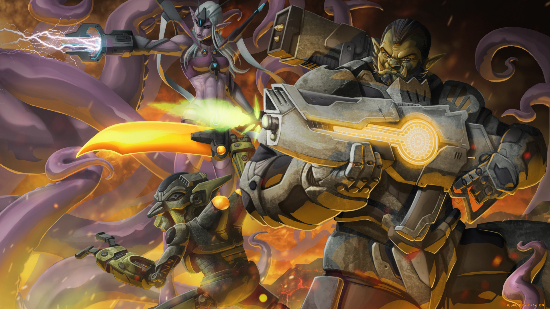 рисованное, комиксы, оружие, существа, фон, униформа