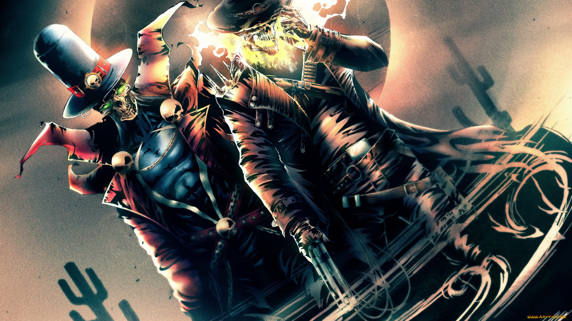 рисованное, комиксы, существа, череп, огонь, фон