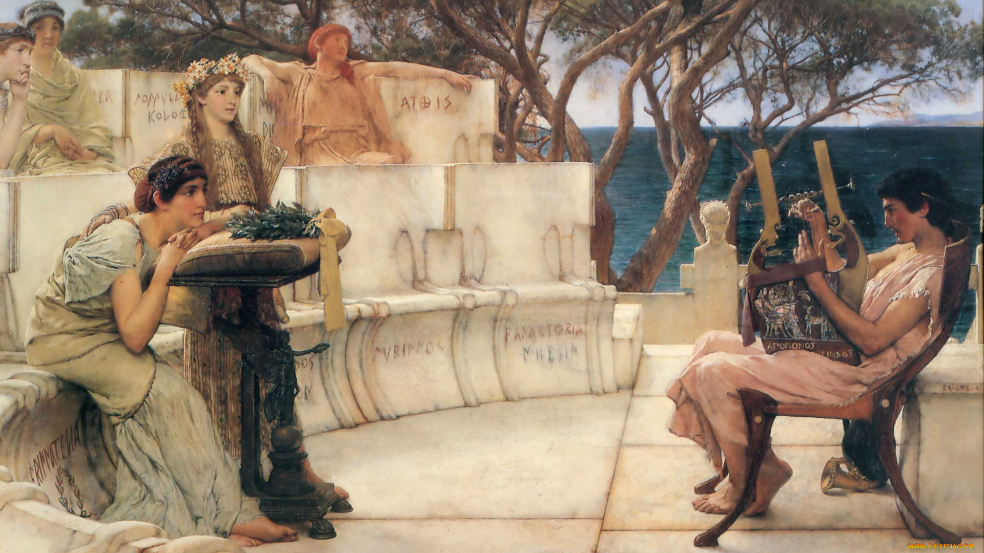 рисованное, lawrence, alma-tadema, арфа, парень, женщины, море, деревья, скамейка, мрамор, певец