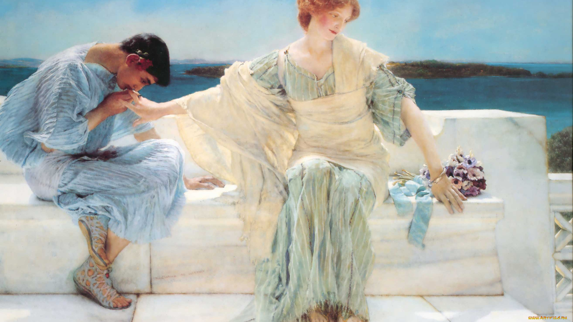 рисованное, lawrence, alma-tadema, девушка, поцелуй, скамейка, парень