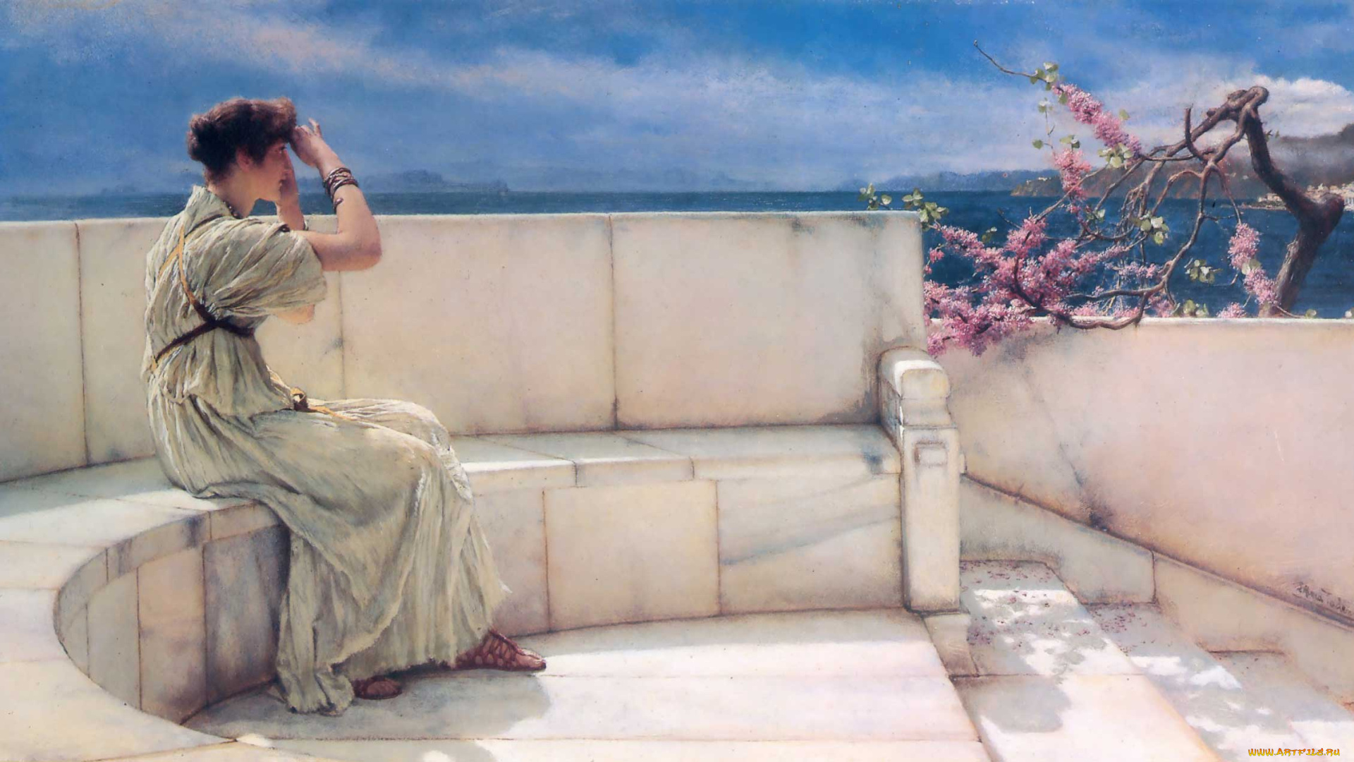 рисованное, lawrence, alma-tadema, женщина, дерево, ступени, мрамор, скамейка, море