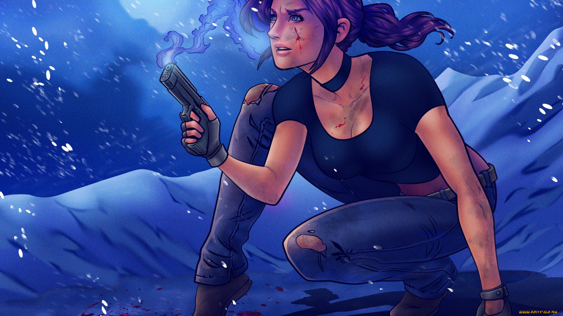 рисованное, люди, девушка, фон, пистолет