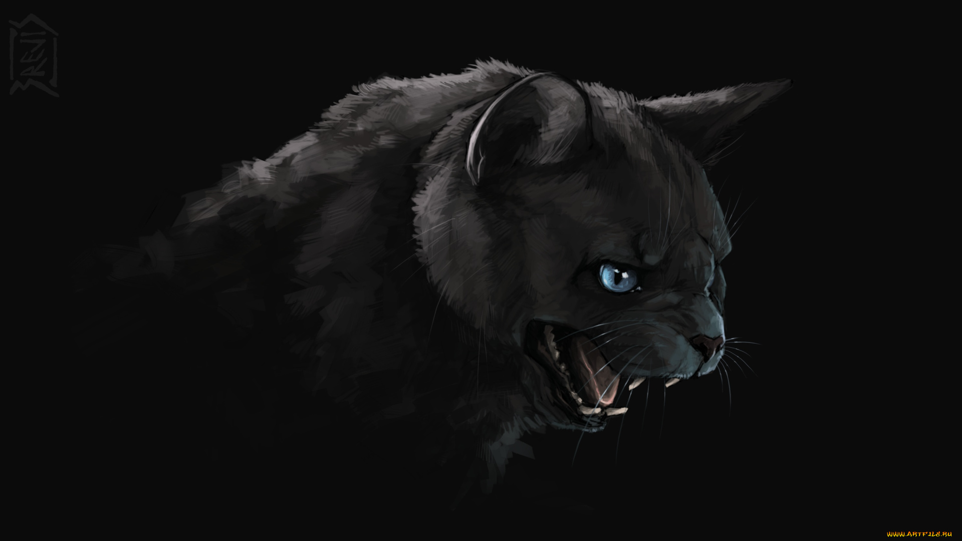 рисованное, животные, , коты, art, черный, кот, пасть, злобный, взгляд, тьма