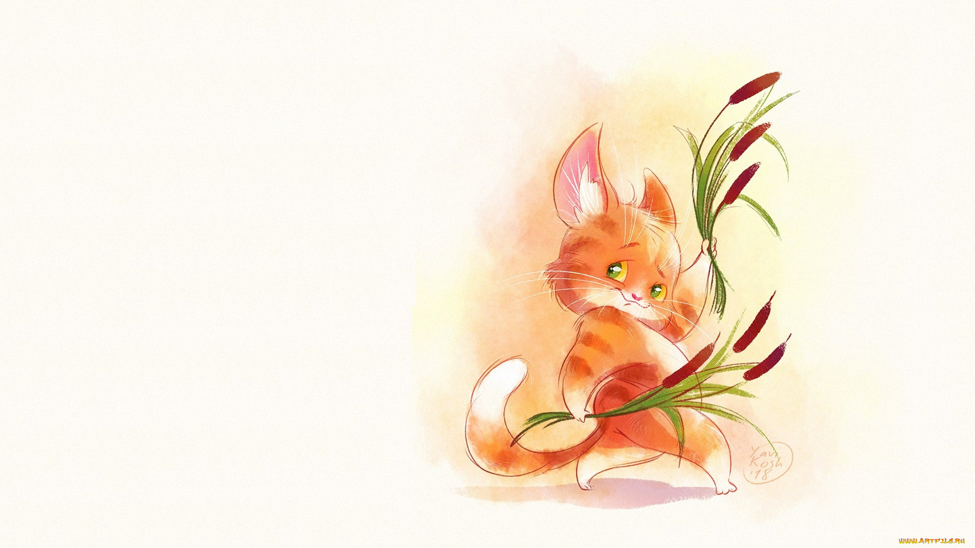 рисованное, животные, , коты, детская, виктория, кошелева, арт, камыш, котик, рогоз