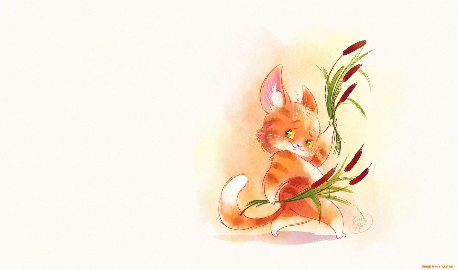 рисованное, животные, , коты, детская, виктория, кошелева, арт, камыш, котик, рогоз