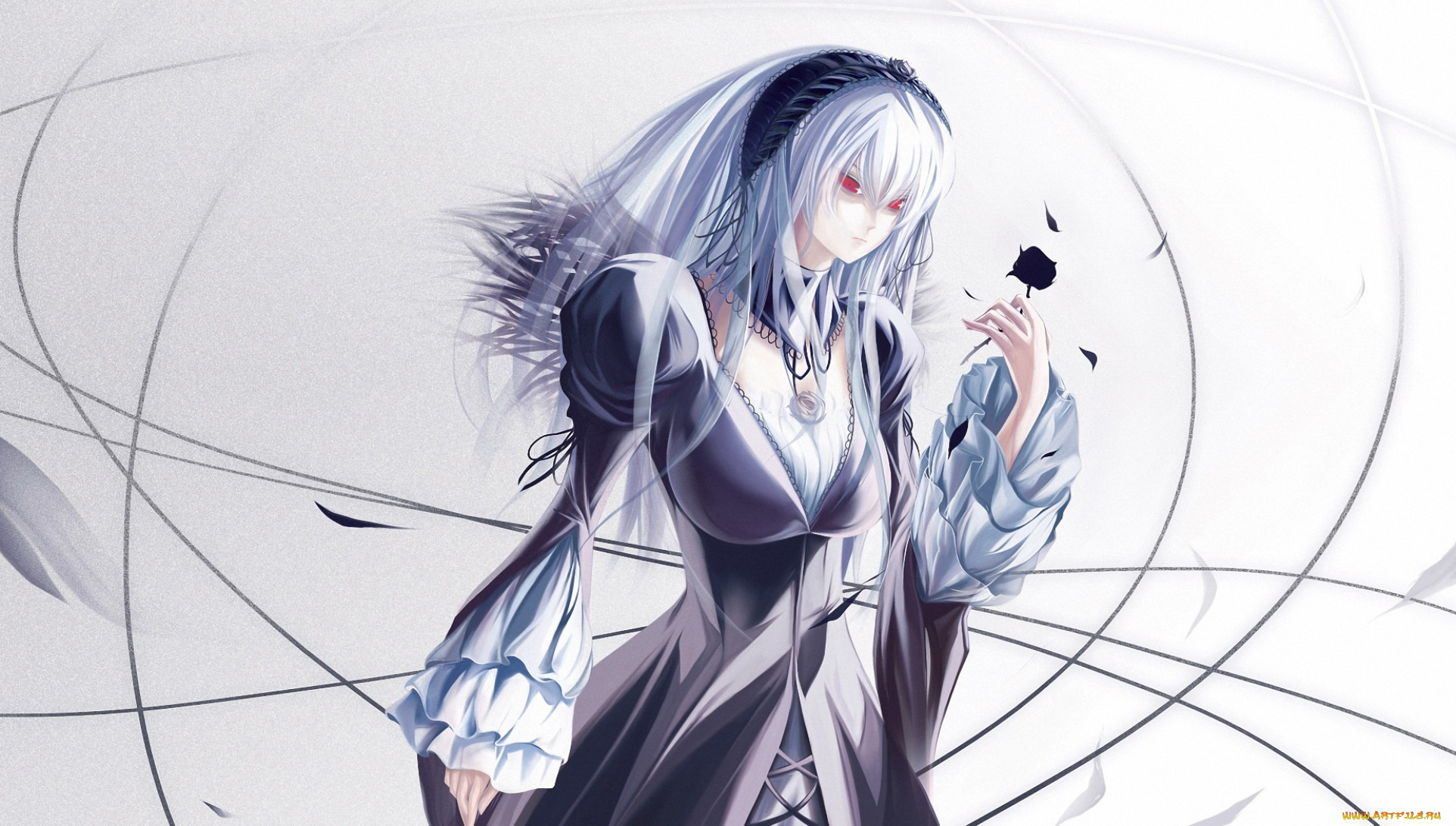 аниме, unknown, , другое, , девушка, ободок, роза, лепестки