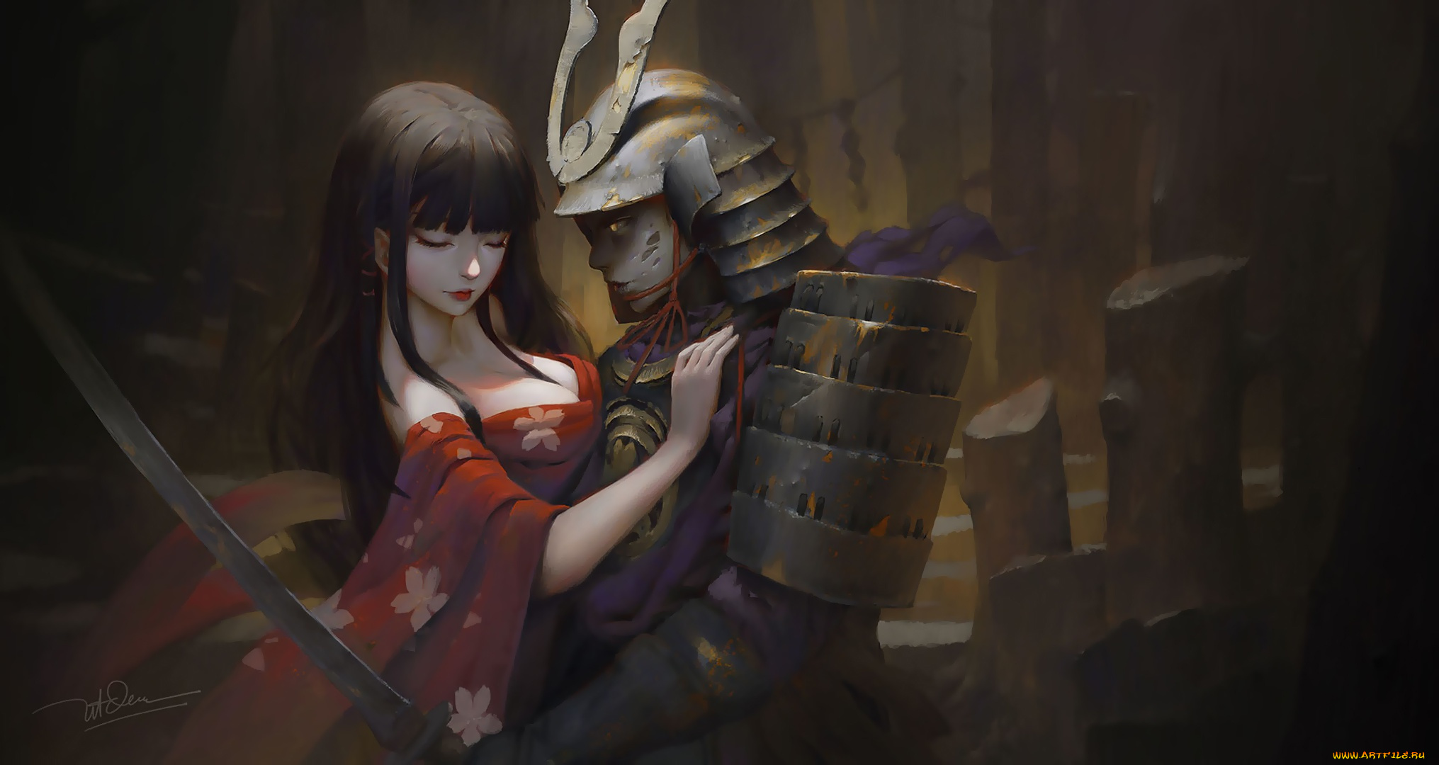 фэнтези, люди, sword, breast, dao, le, trong, chest, katana, helmet, japanese, girl, fantasy, art, warrior, artwork, painting, kimono, armor, cleavage, hug, samurai