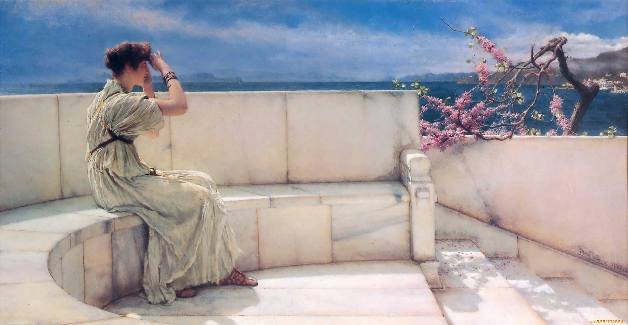 рисованное, lawrence, alma-tadema, женщина, дерево, ступени, мрамор, скамейка, море