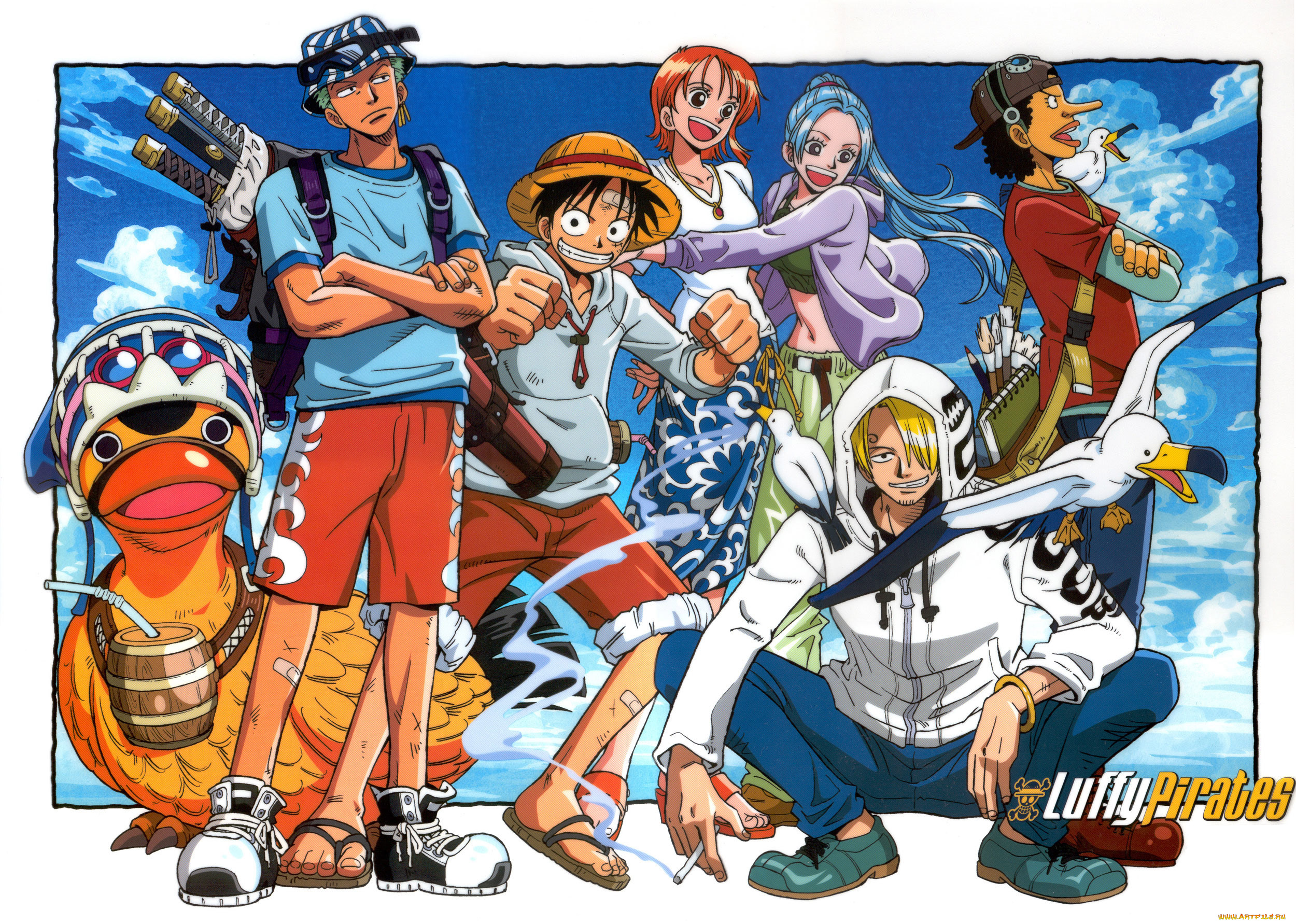 аниме, one, piece, небо, облака, люди, чайки, птицы