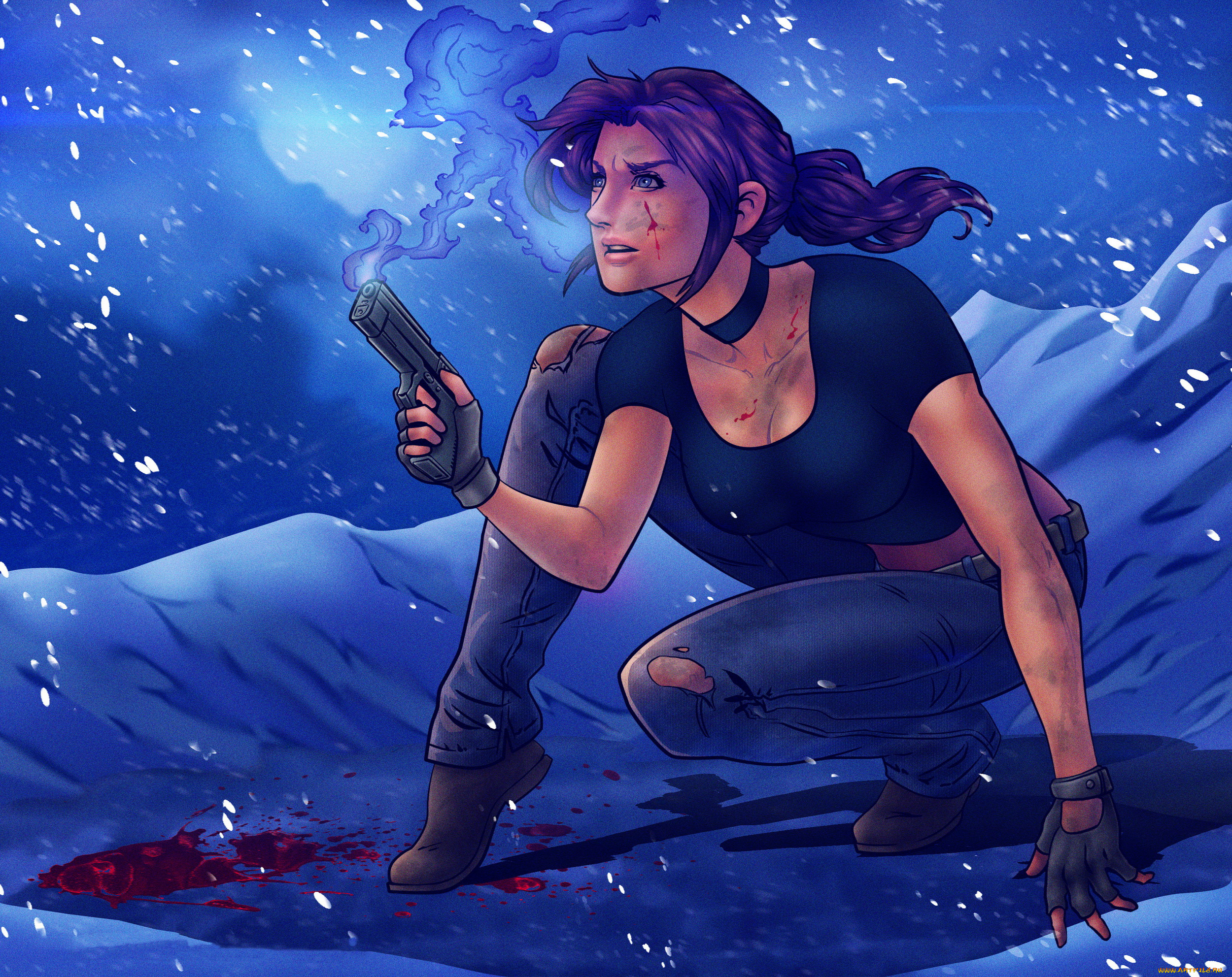 рисованное, люди, девушка, фон, пистолет