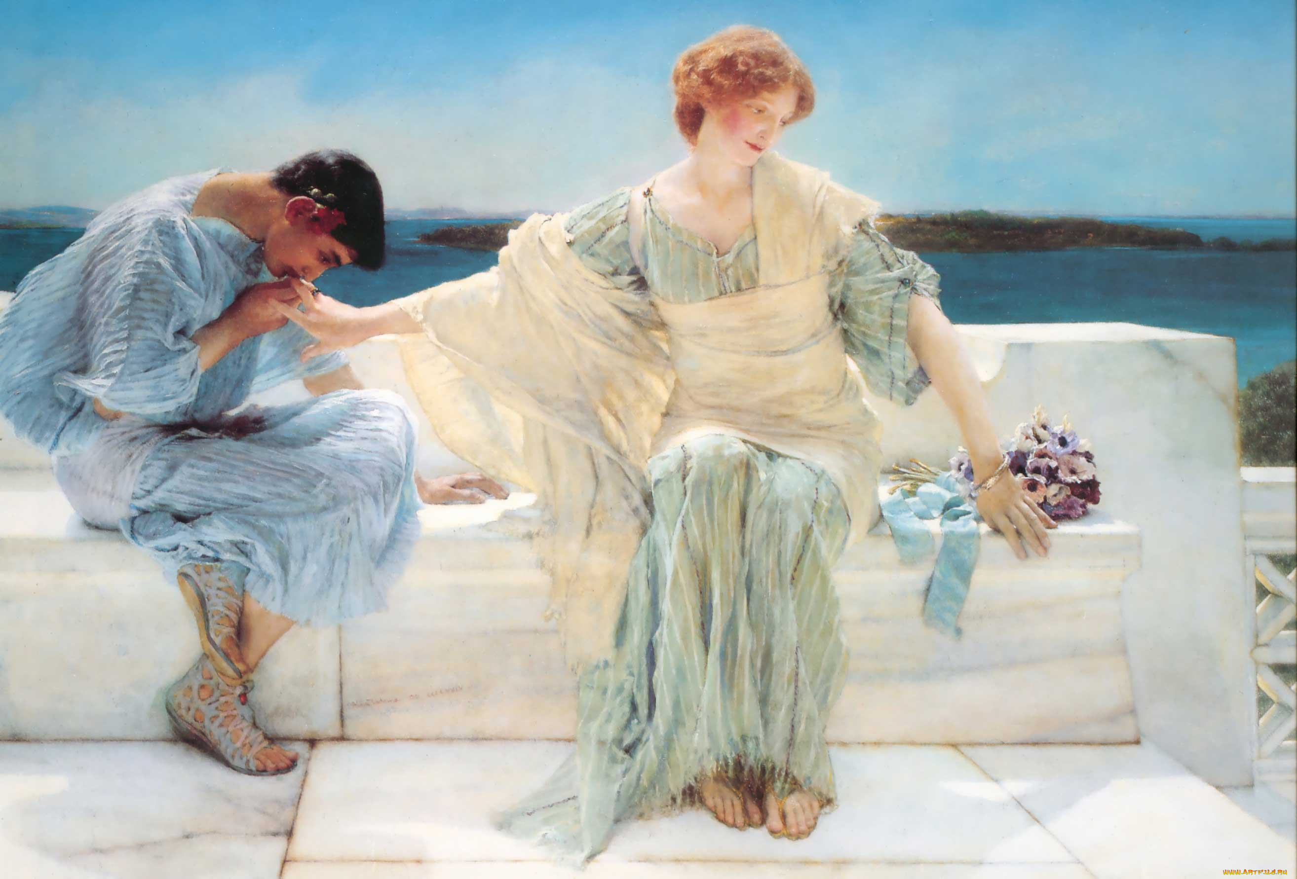 рисованное, lawrence, alma-tadema, девушка, поцелуй, скамейка, парень