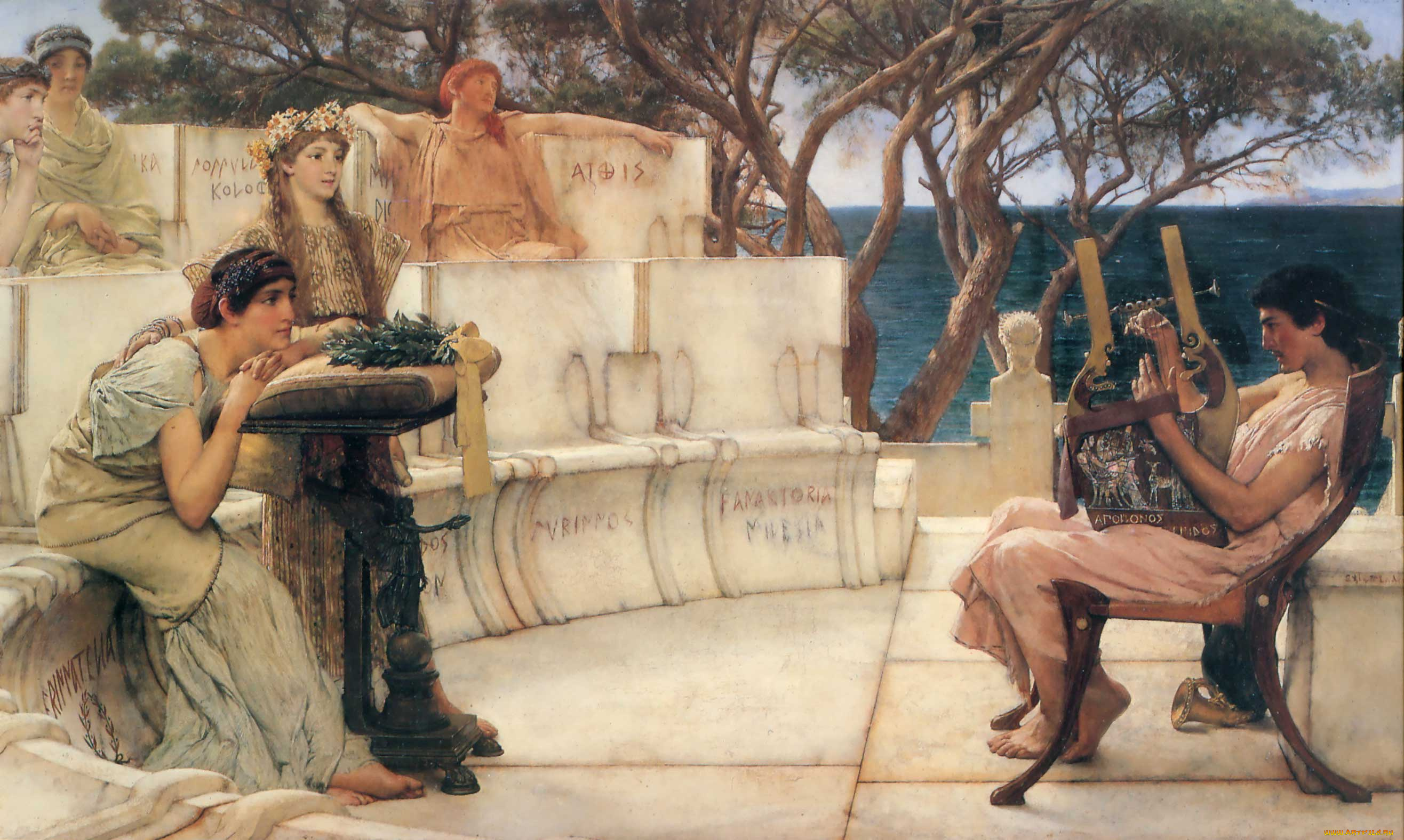 рисованное, lawrence, alma-tadema, арфа, парень, женщины, море, деревья, скамейка, мрамор, певец