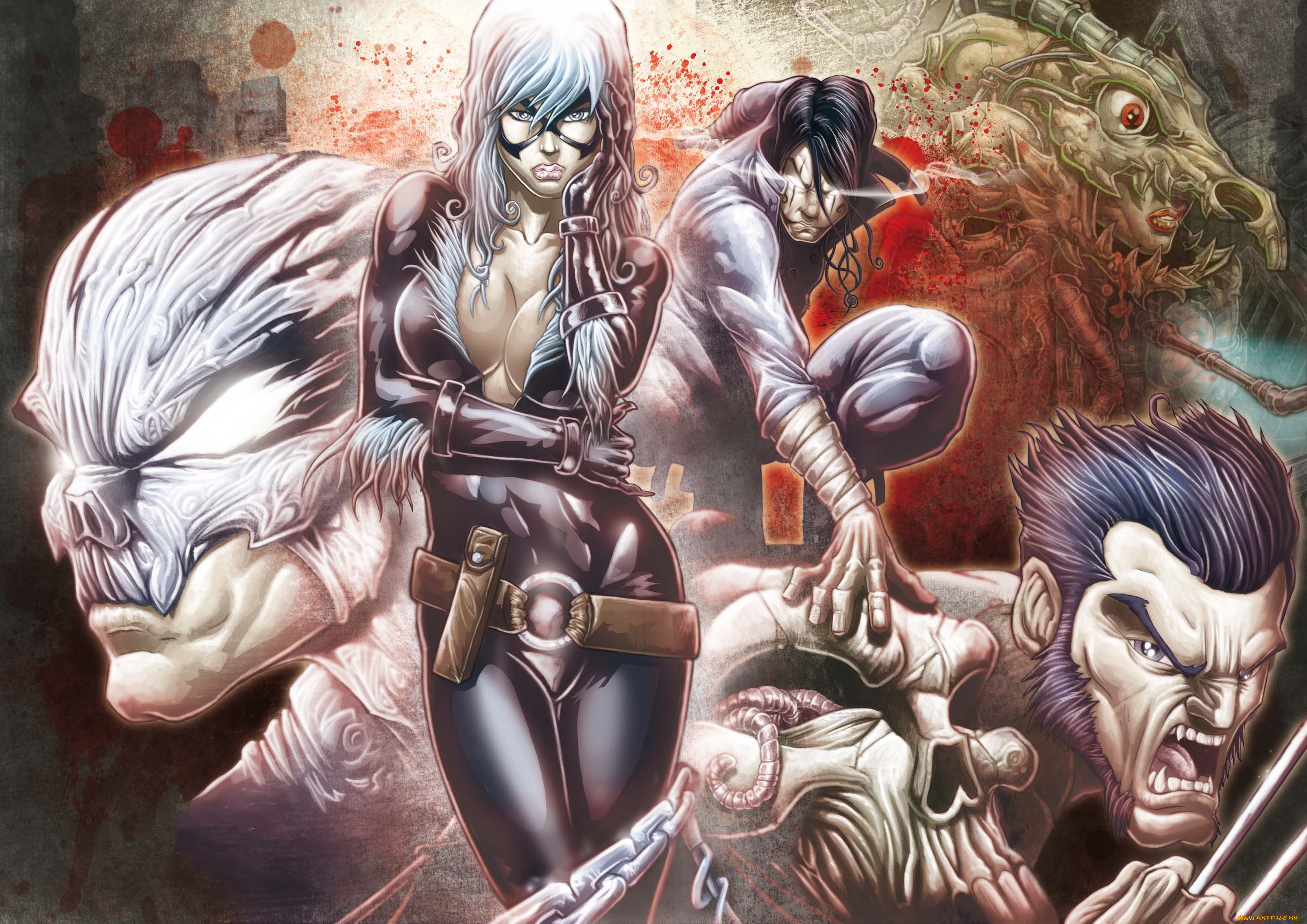 рисованное, комиксы, мужчины, униформа, девушка, маска, взгляд, существо, фон