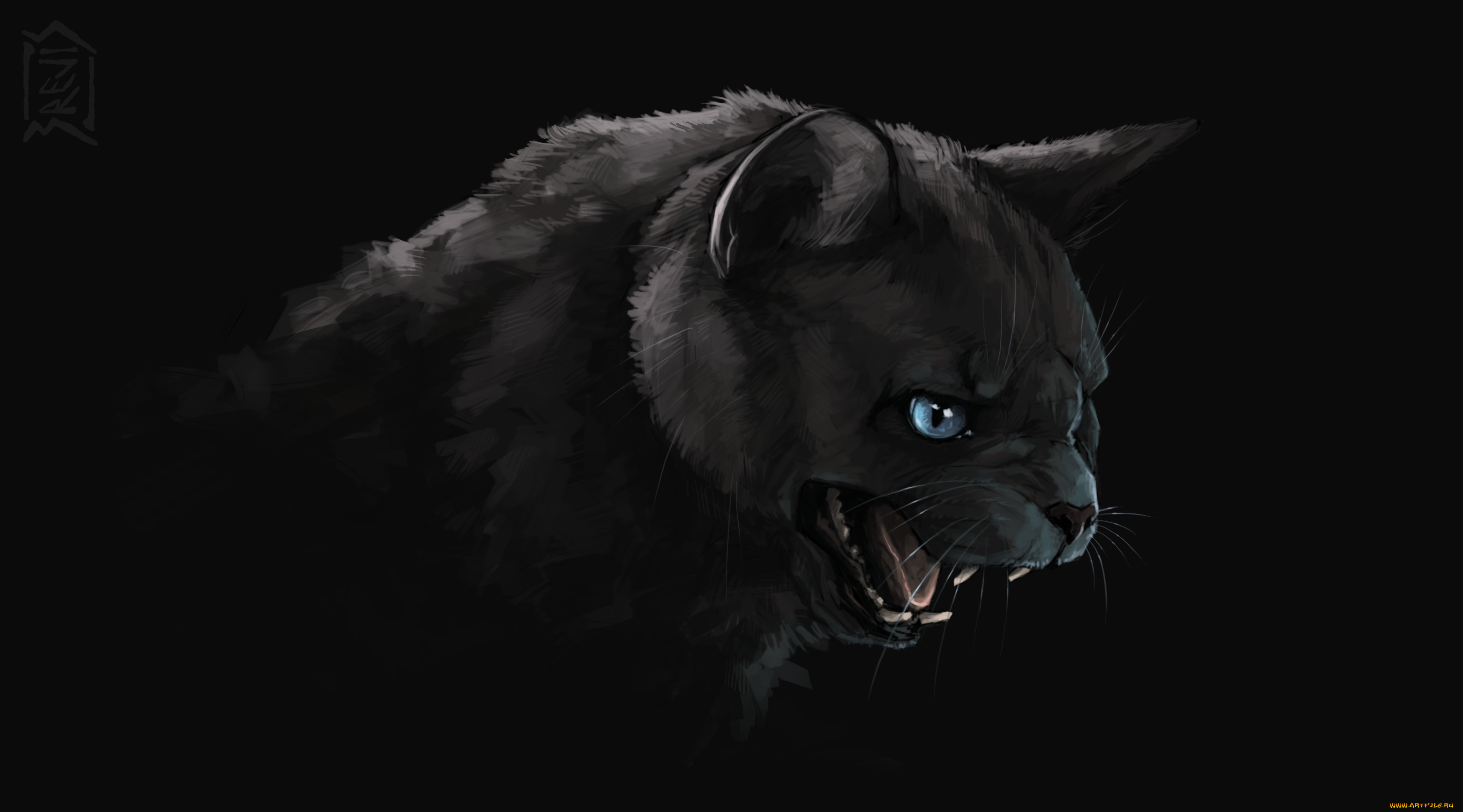 рисованное, животные, , коты, art, черный, кот, пасть, злобный, взгляд, тьма