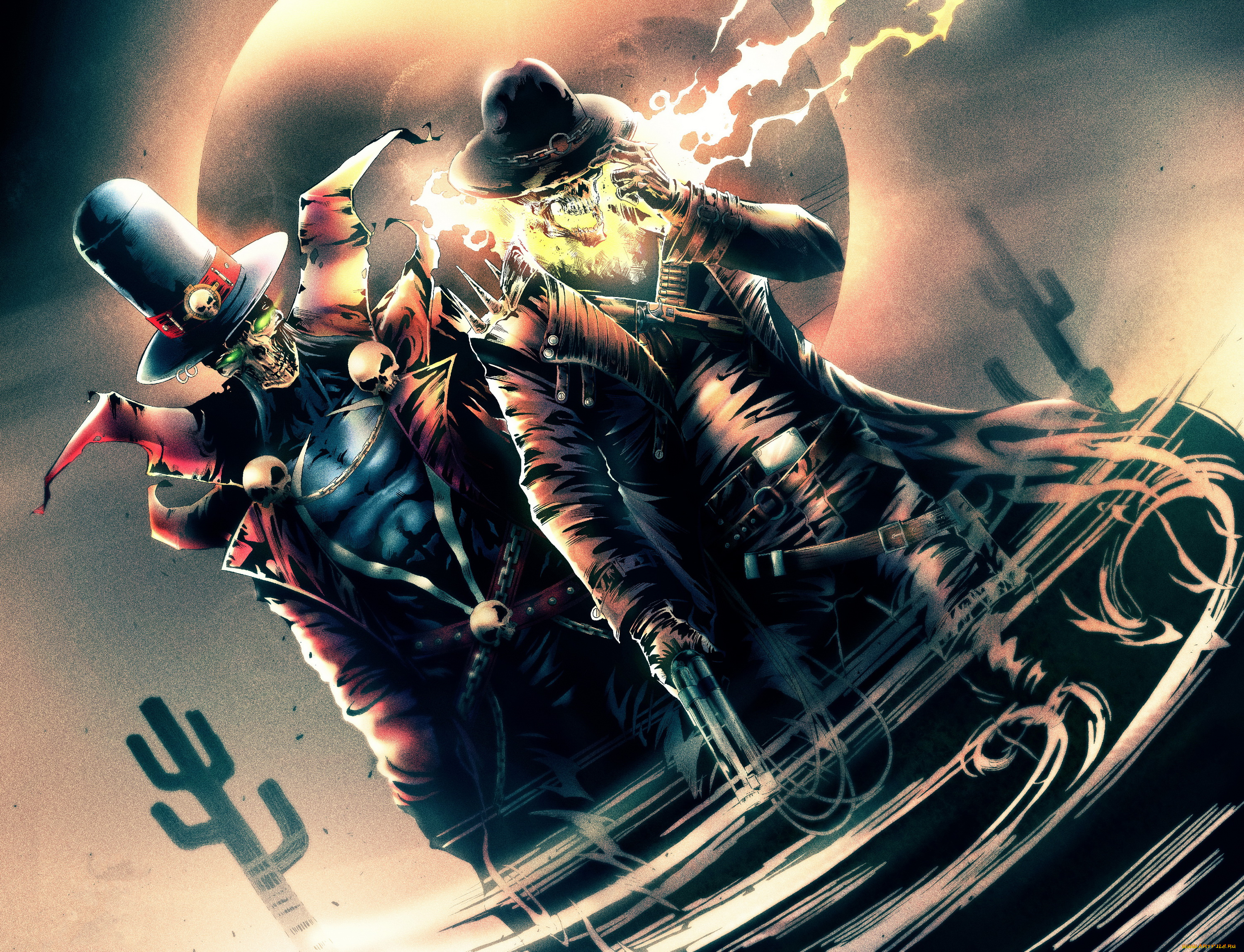 рисованное, комиксы, существа, череп, огонь, фон