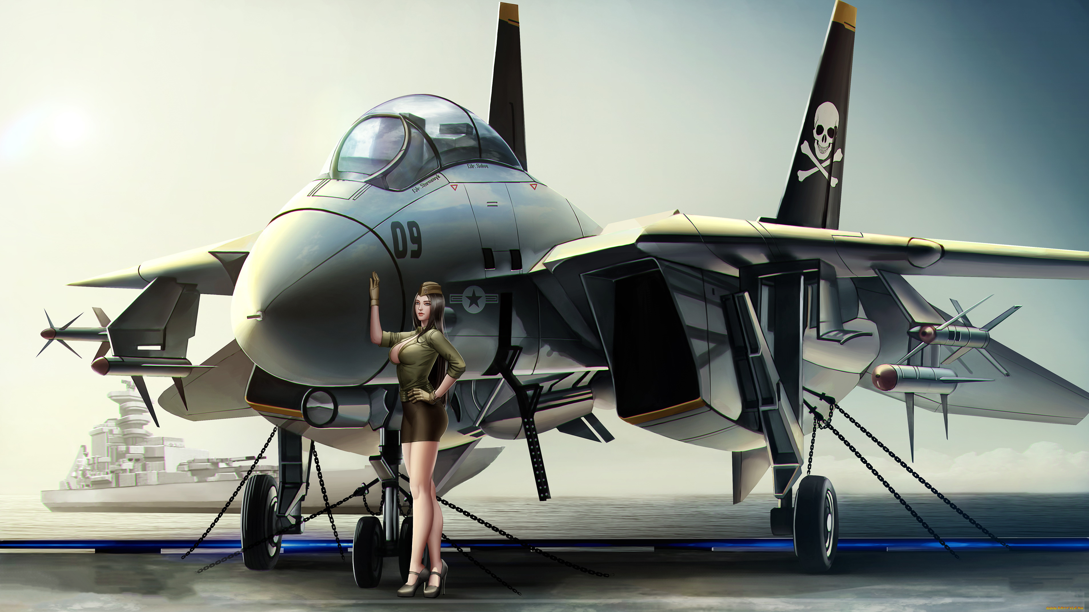 рисованное, армия, девушка, фон, самолет