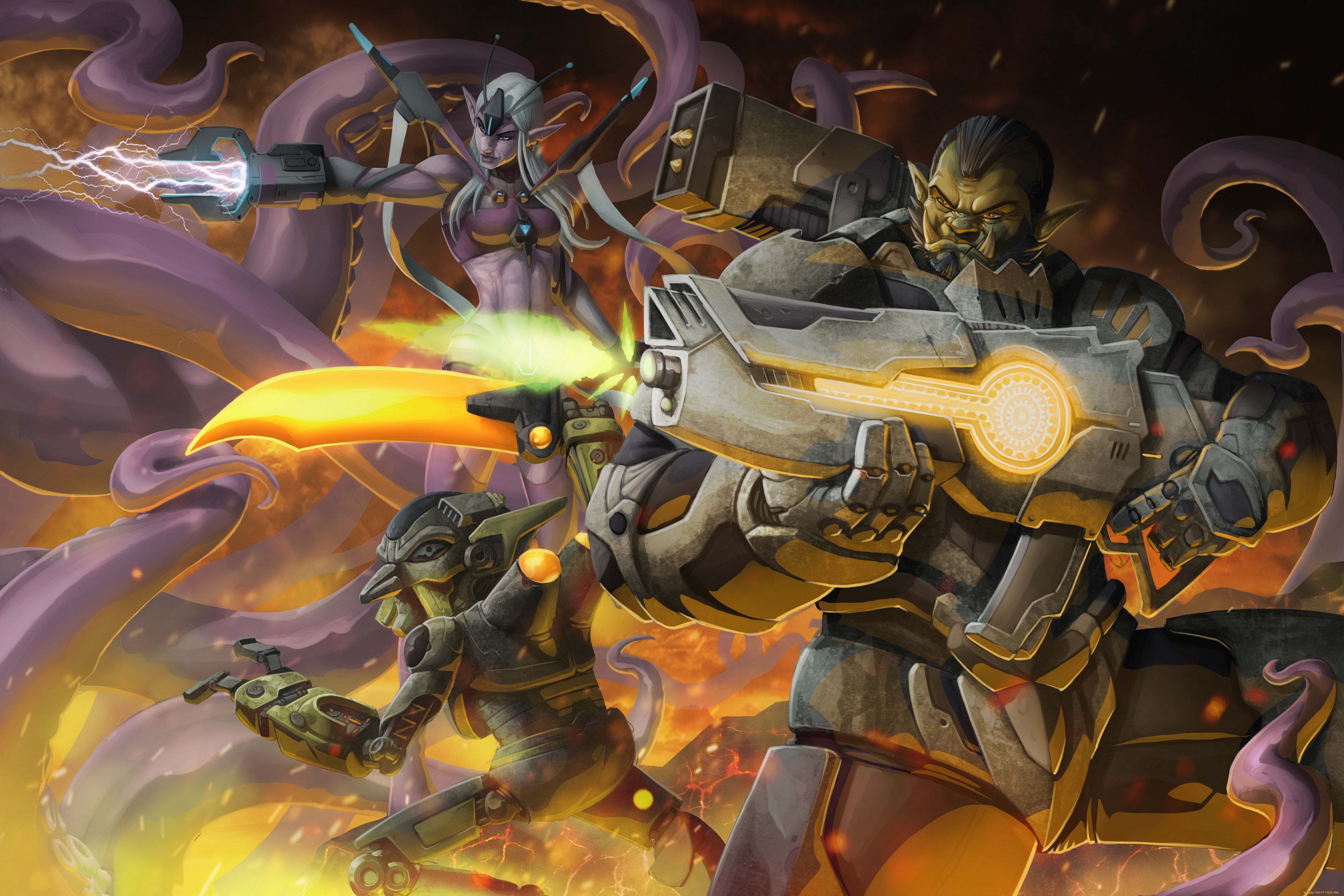 рисованное, комиксы, оружие, существа, фон, униформа