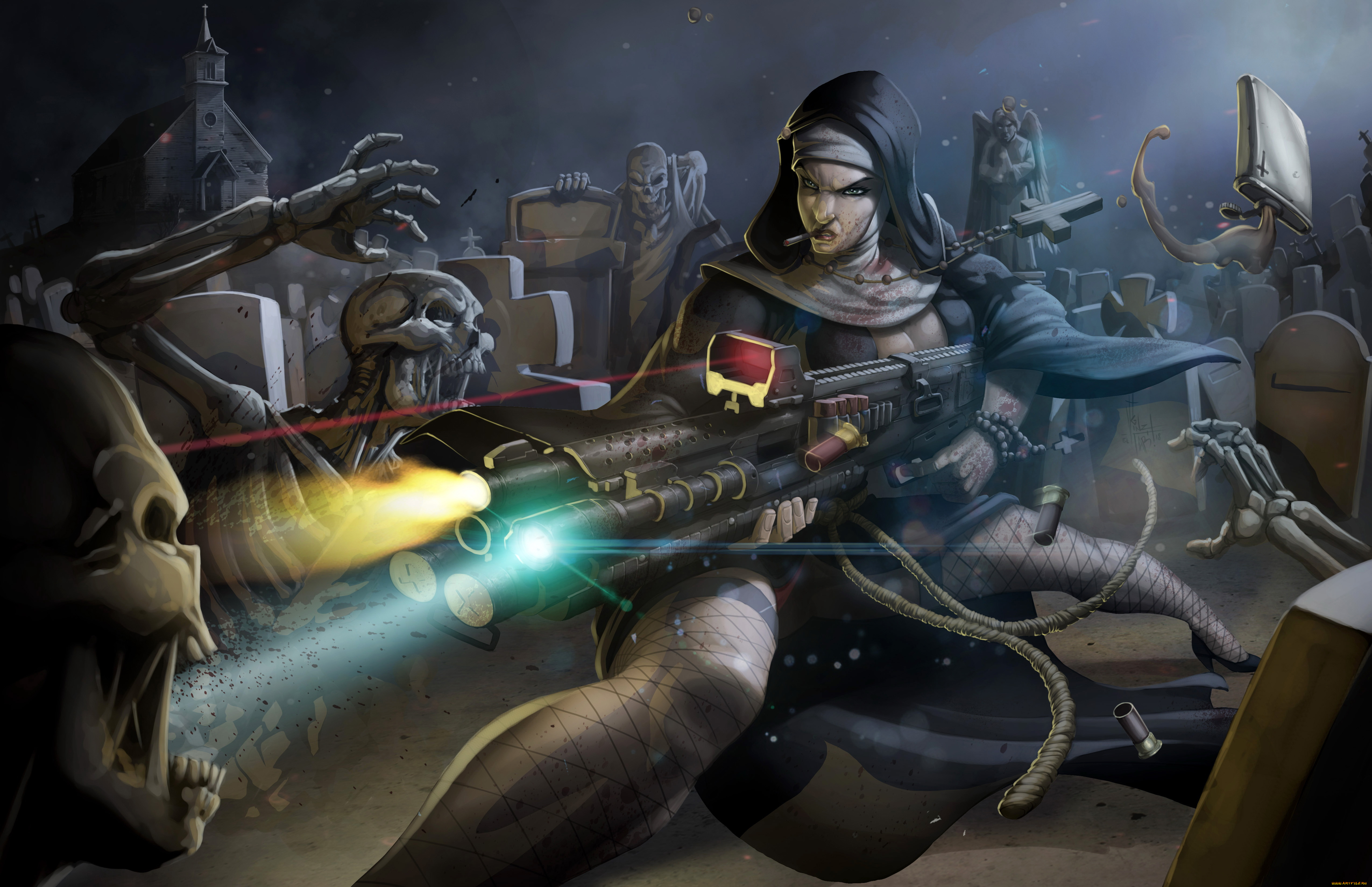 фэнтези, нежить, оружие, монахиня, девушка