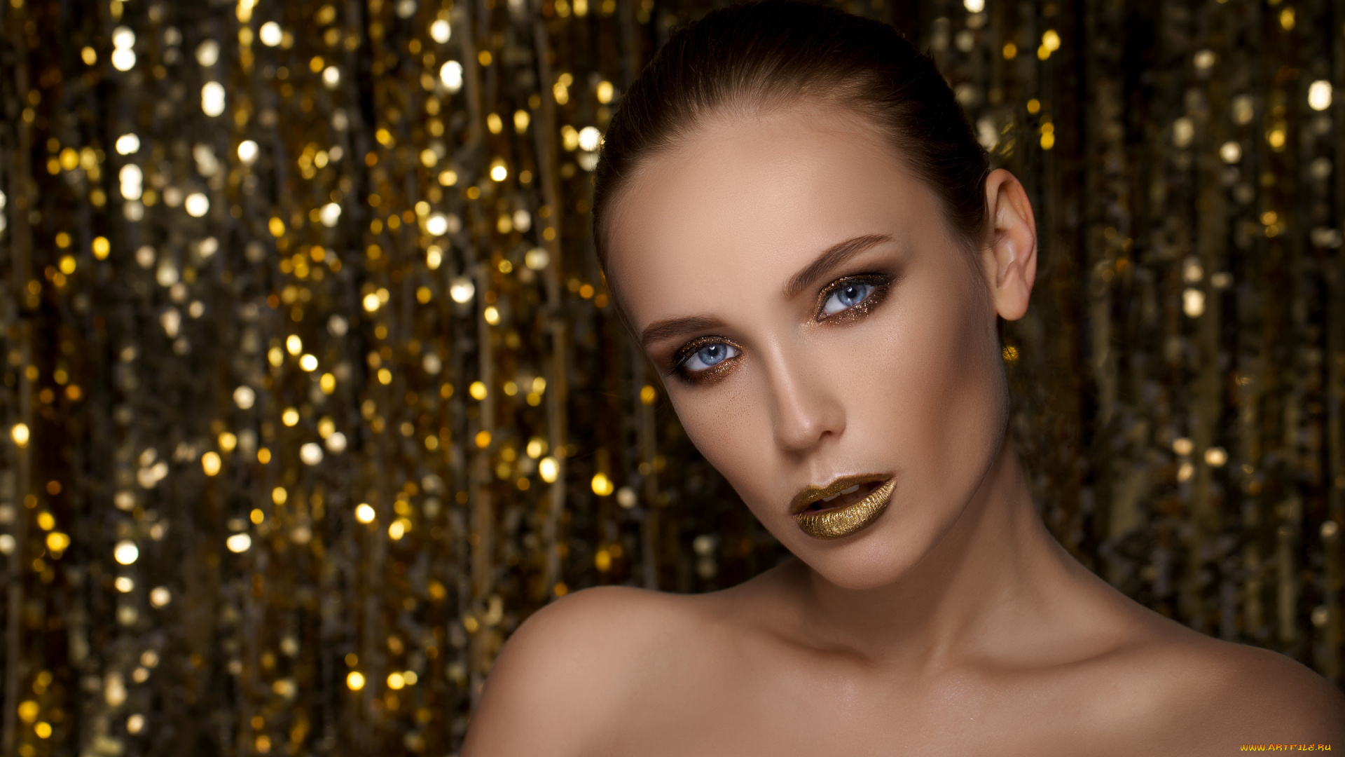 девушки, -, лица, , портреты, девушка, фон, модель, макияж, золотой