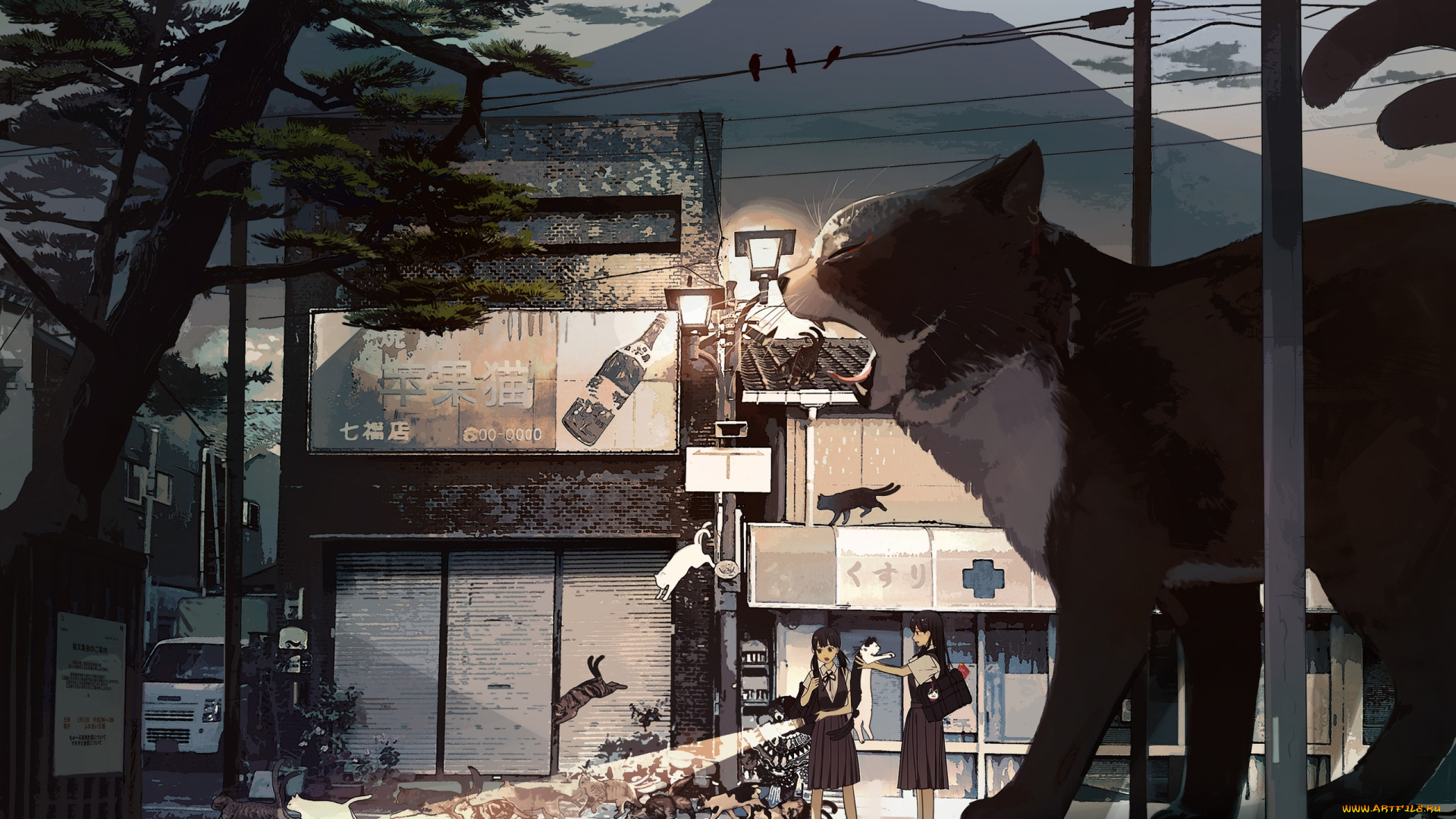 аниме, животные, , существа, коты, девочки, фонарь, здание