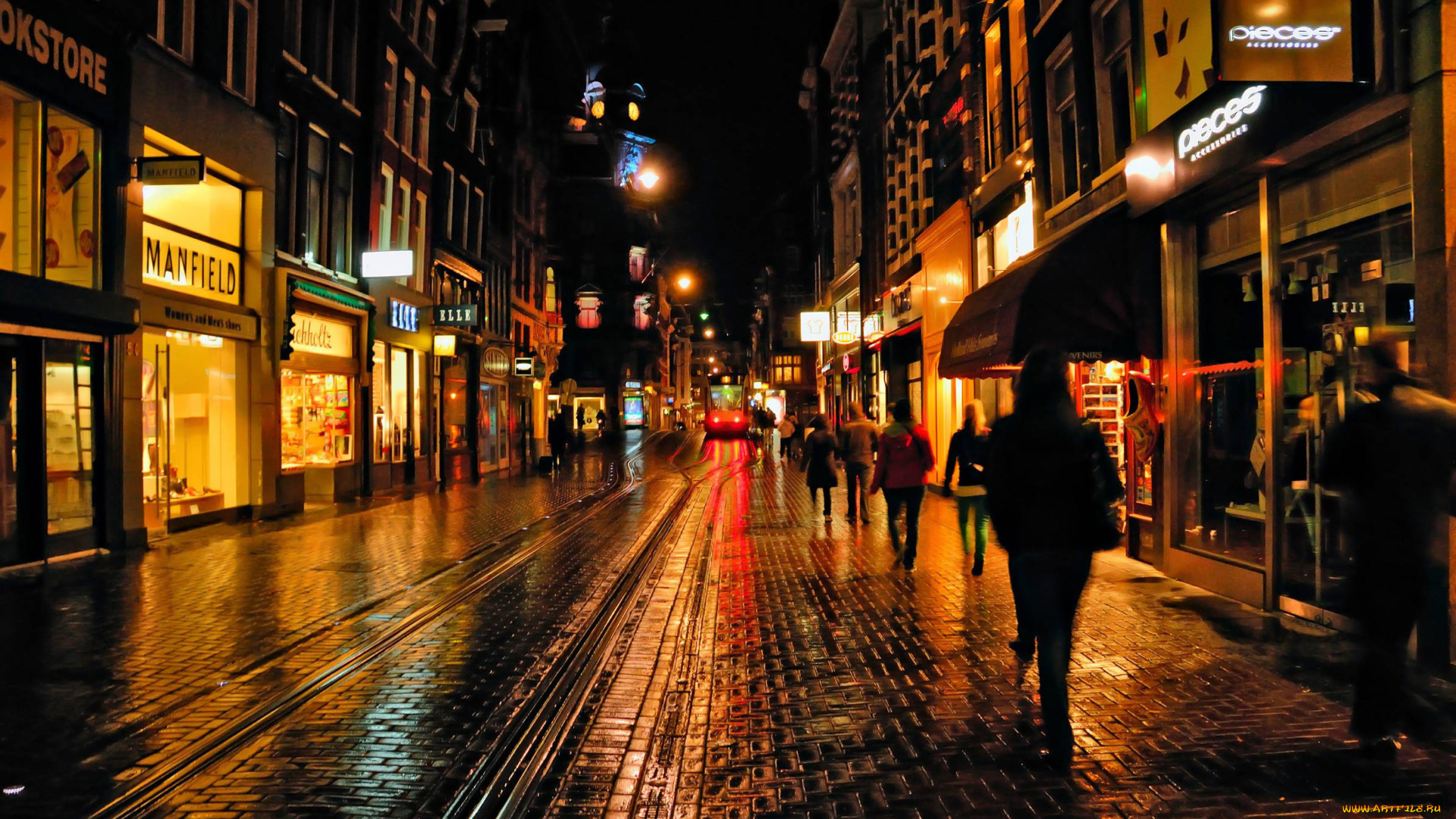 города, -, огни, ночного, города, город, улица, дома, огни, люди, рельсы