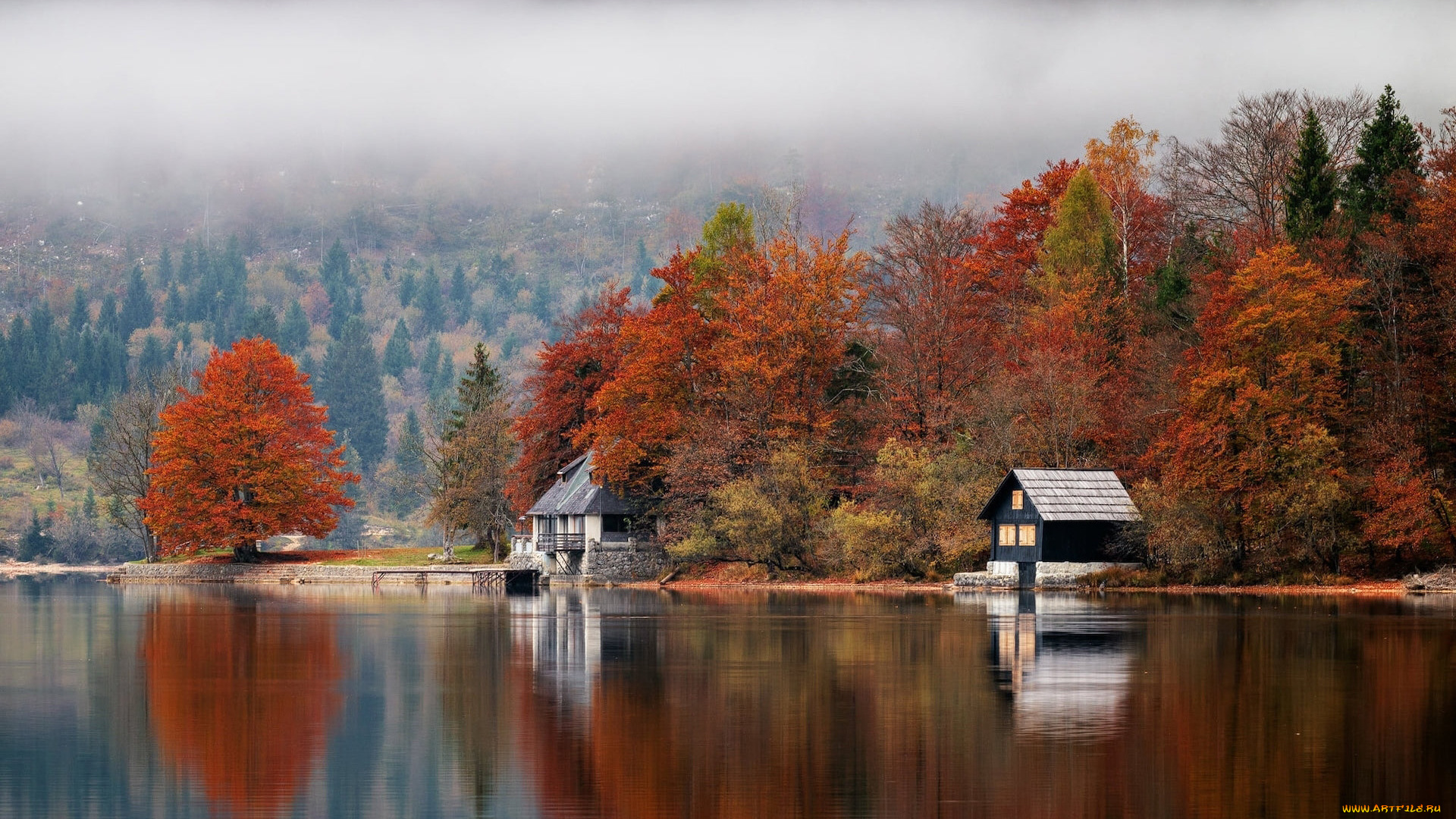 города, -, здания, , дома, озеро, туман, дома, отражение, осень