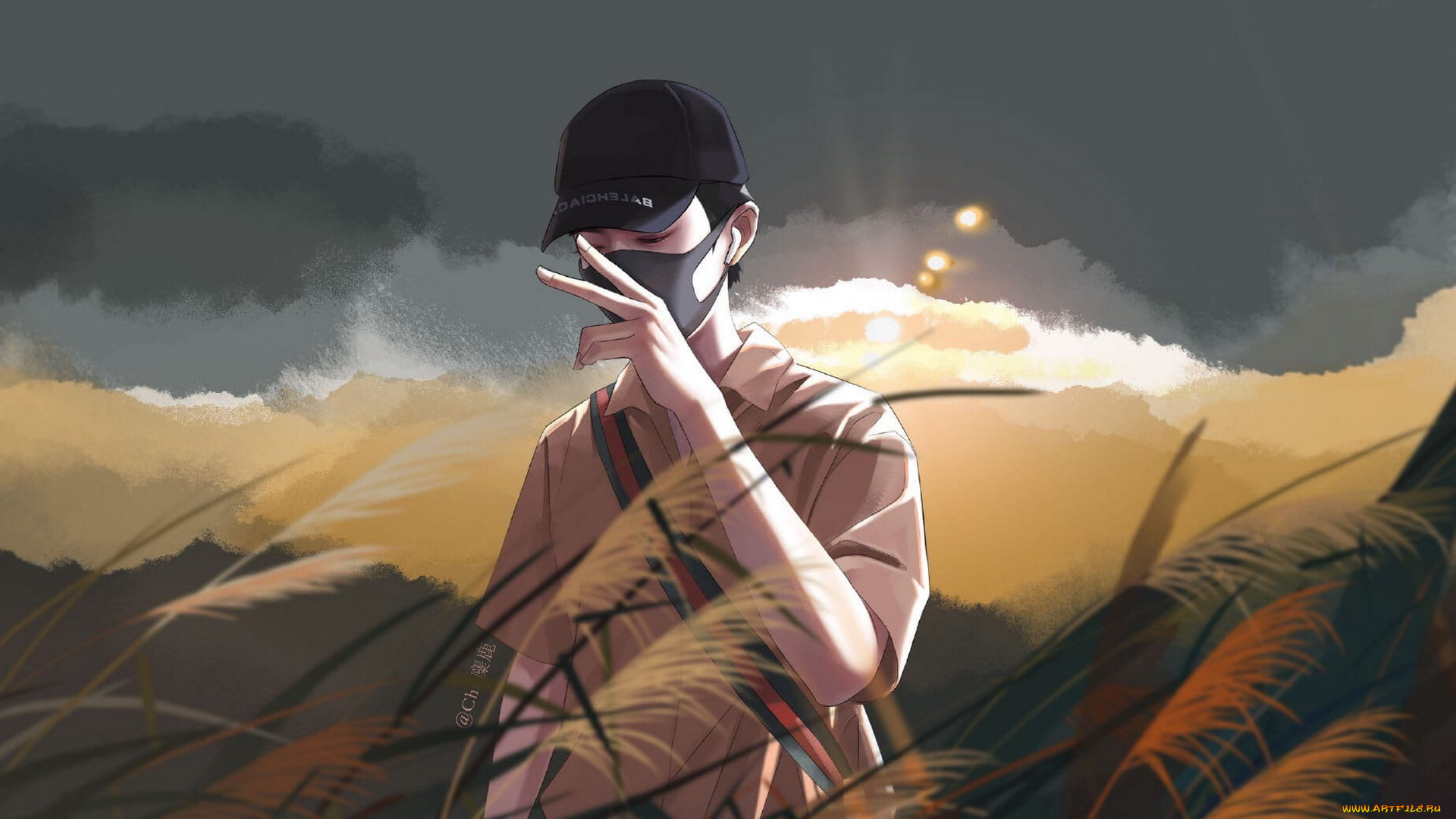 рисованное, люди, сяо, джань, маска, поле, кепка