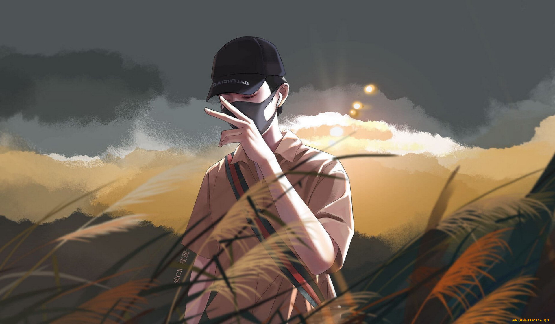 рисованное, люди, сяо, джань, маска, поле, кепка