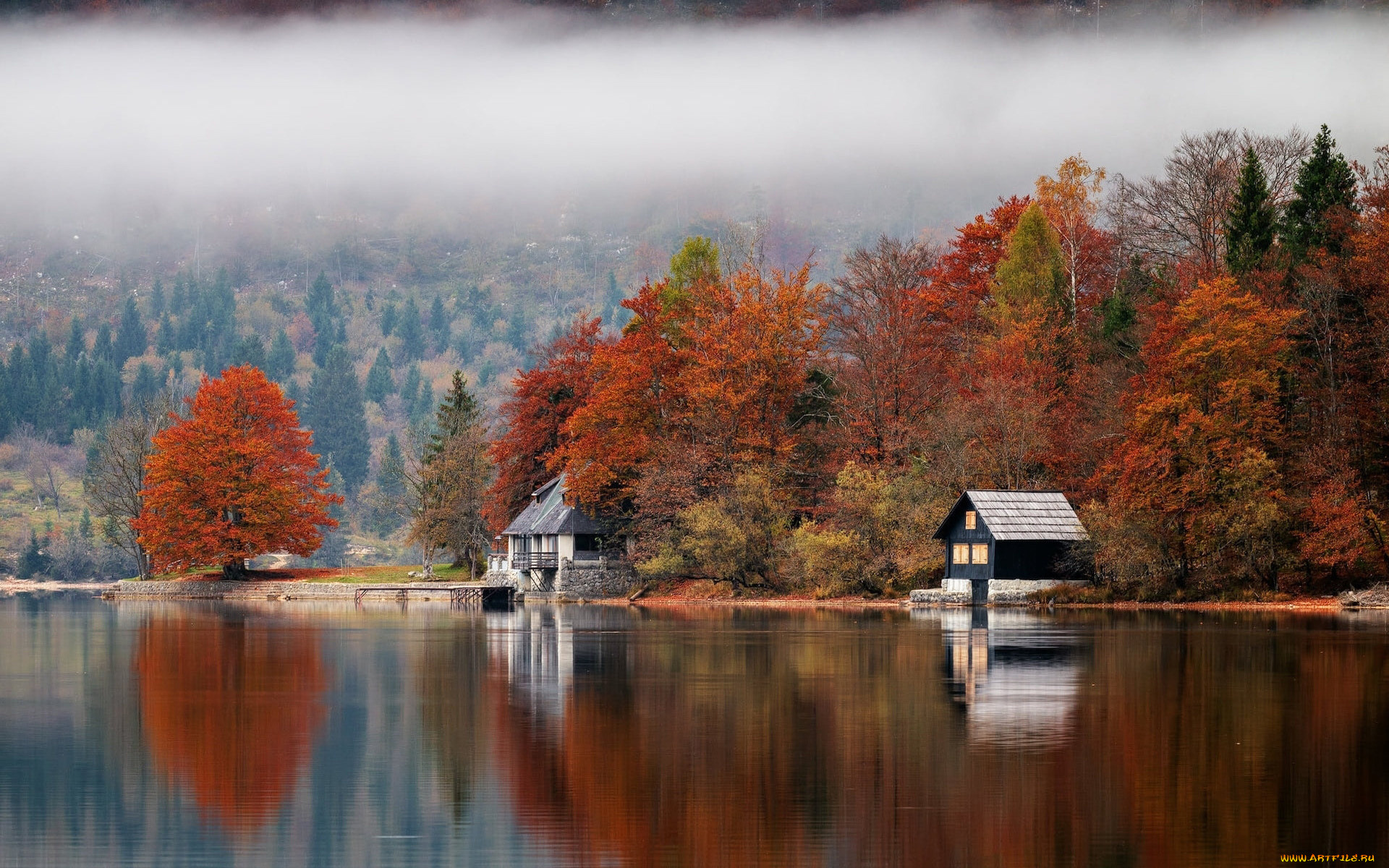 города, -, здания, , дома, озеро, туман, дома, отражение, осень