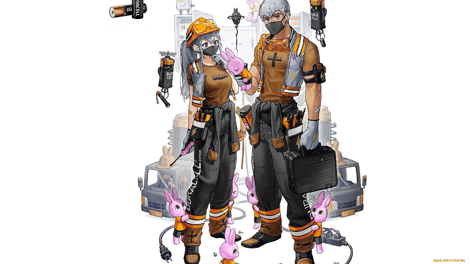 аниме, оружие, , техника, , технологии, парень, девушка, зайцы, батарейки, механизмы