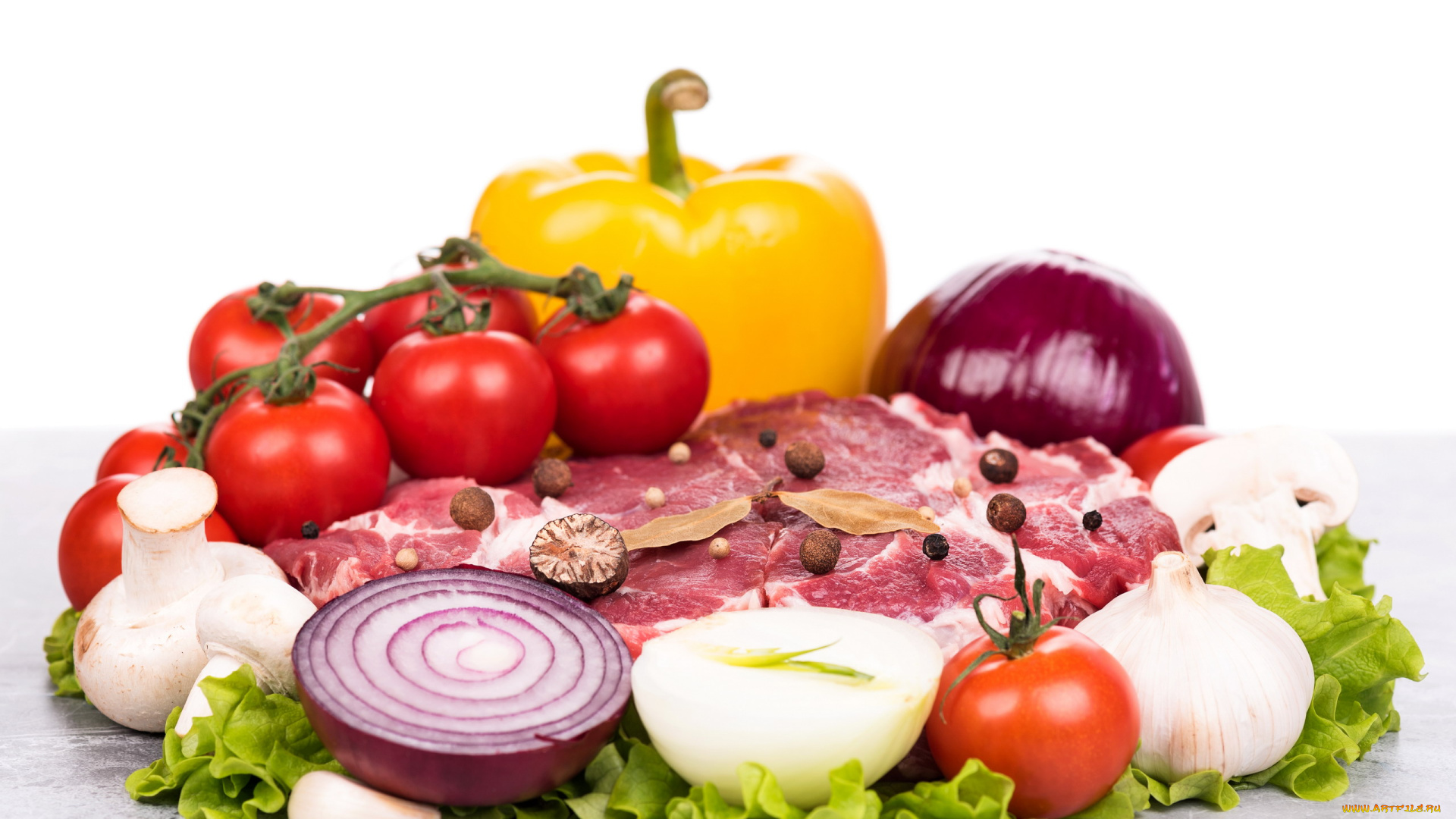 еда, разное, грибы, свежее, мясо, перец, помидоры, чеснок