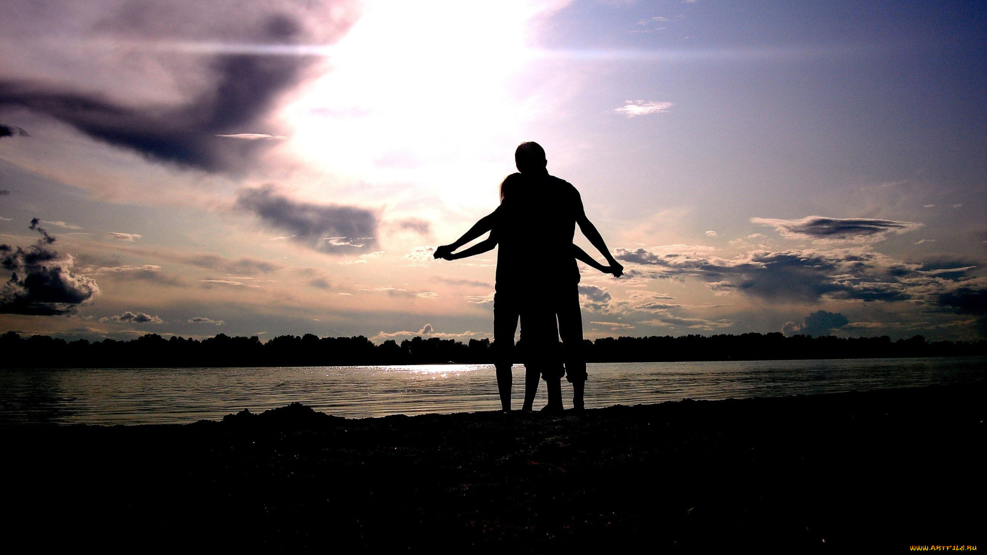 разное, мужчина, женщина, пара, силуэты, закат, берег, озеро
