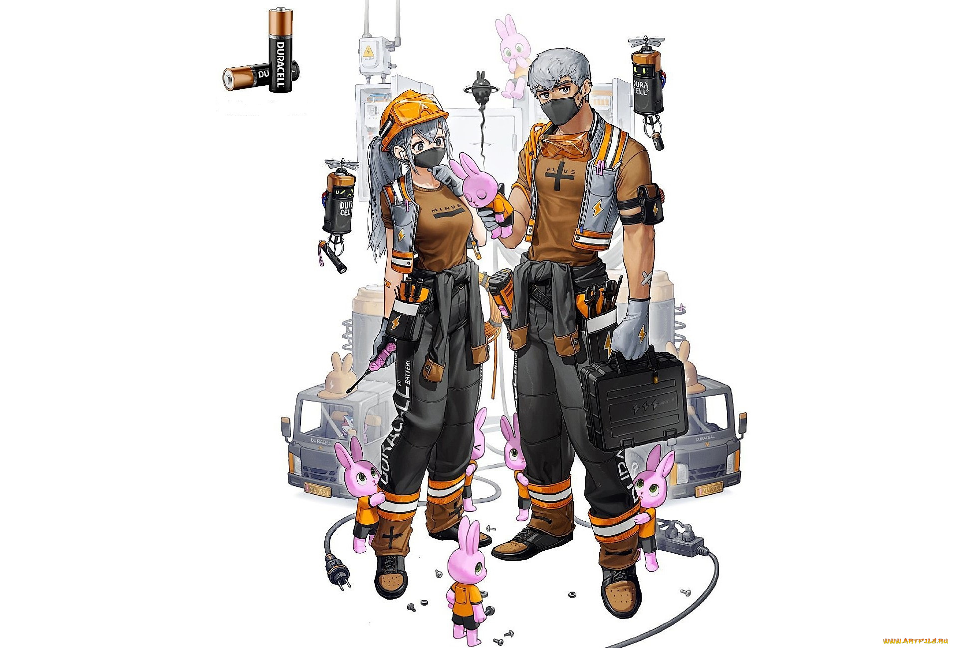 аниме, оружие, , техника, , технологии, парень, девушка, зайцы, батарейки, механизмы
