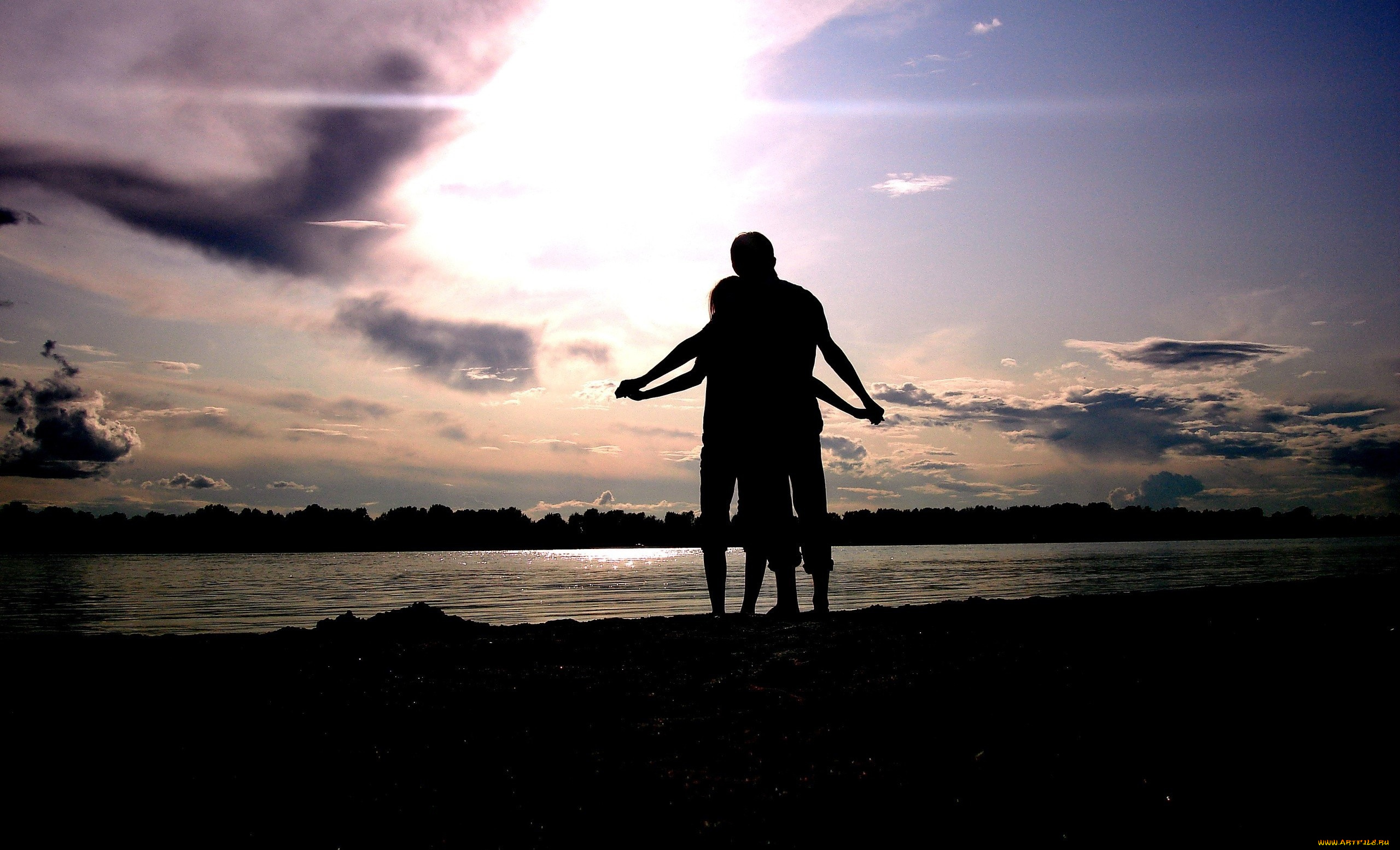 разное, мужчина, женщина, пара, силуэты, закат, берег, озеро