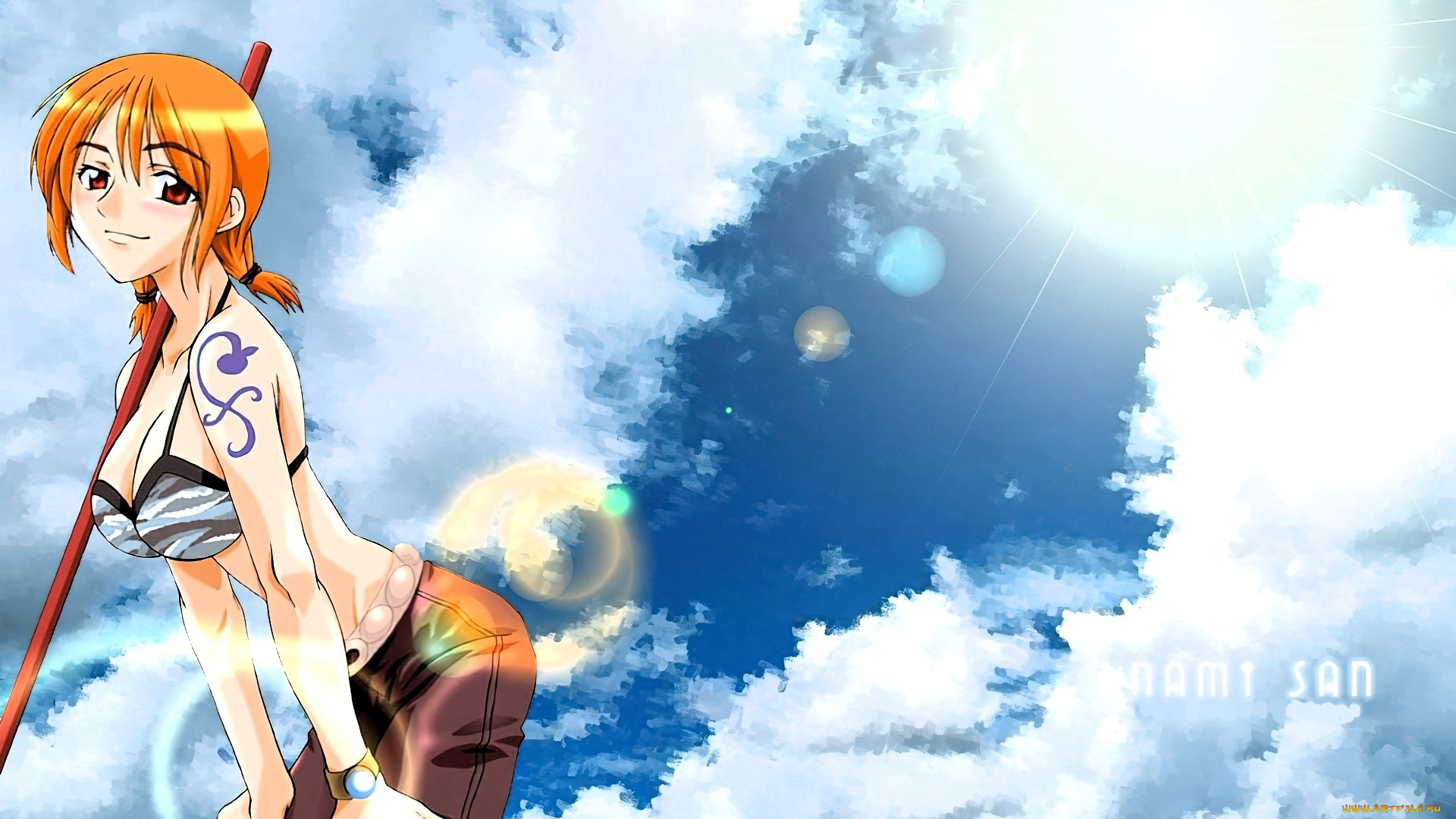 аниме, one, piece, девушка, посох, облака