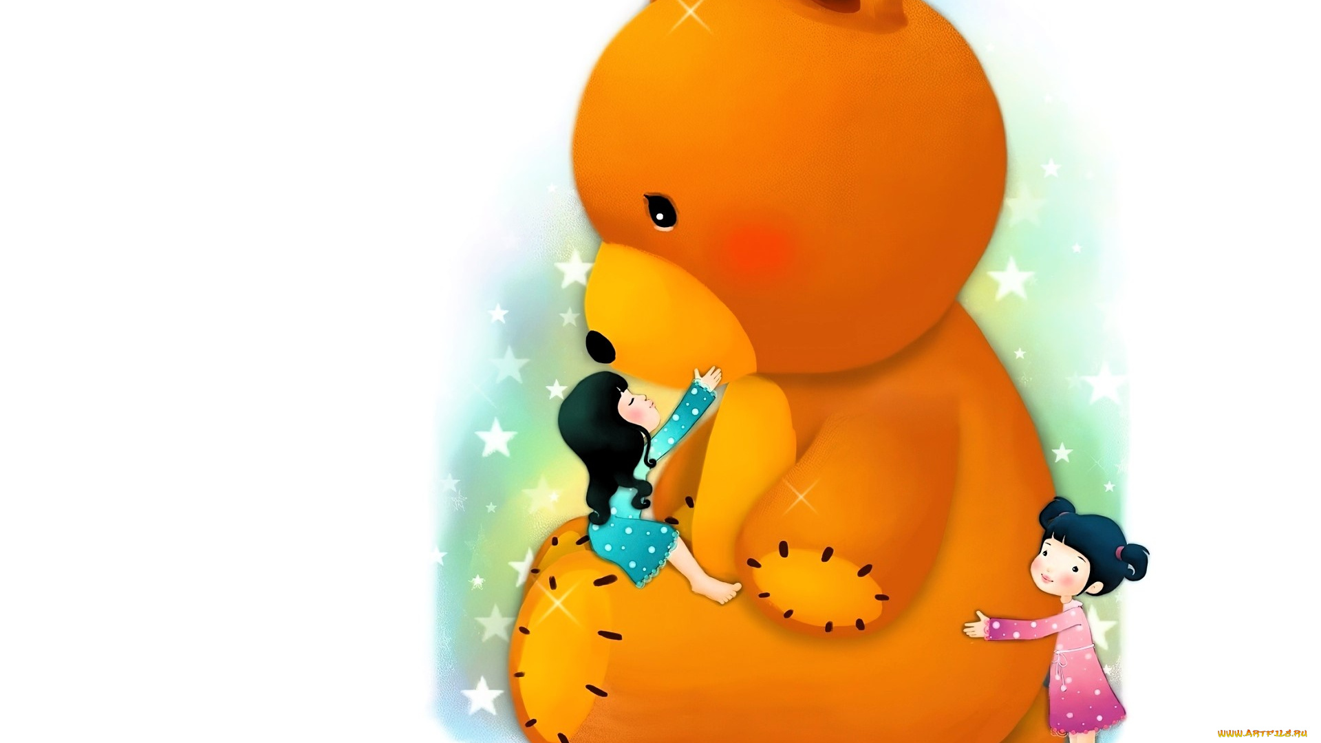 рисованное, дети, мишка, девочки