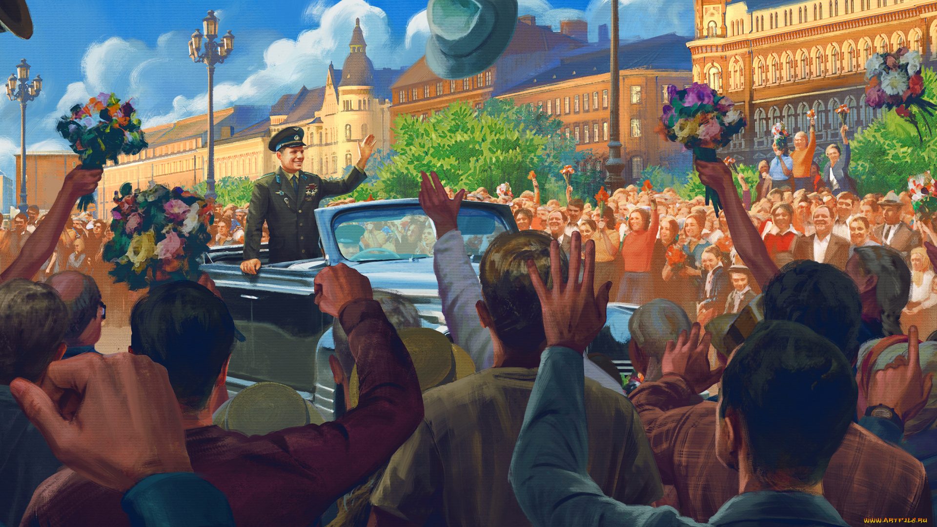 рисованное, праздники, юрий, гагарин, ссср, толпа, люди, полет, первый, человек, космос, встреча