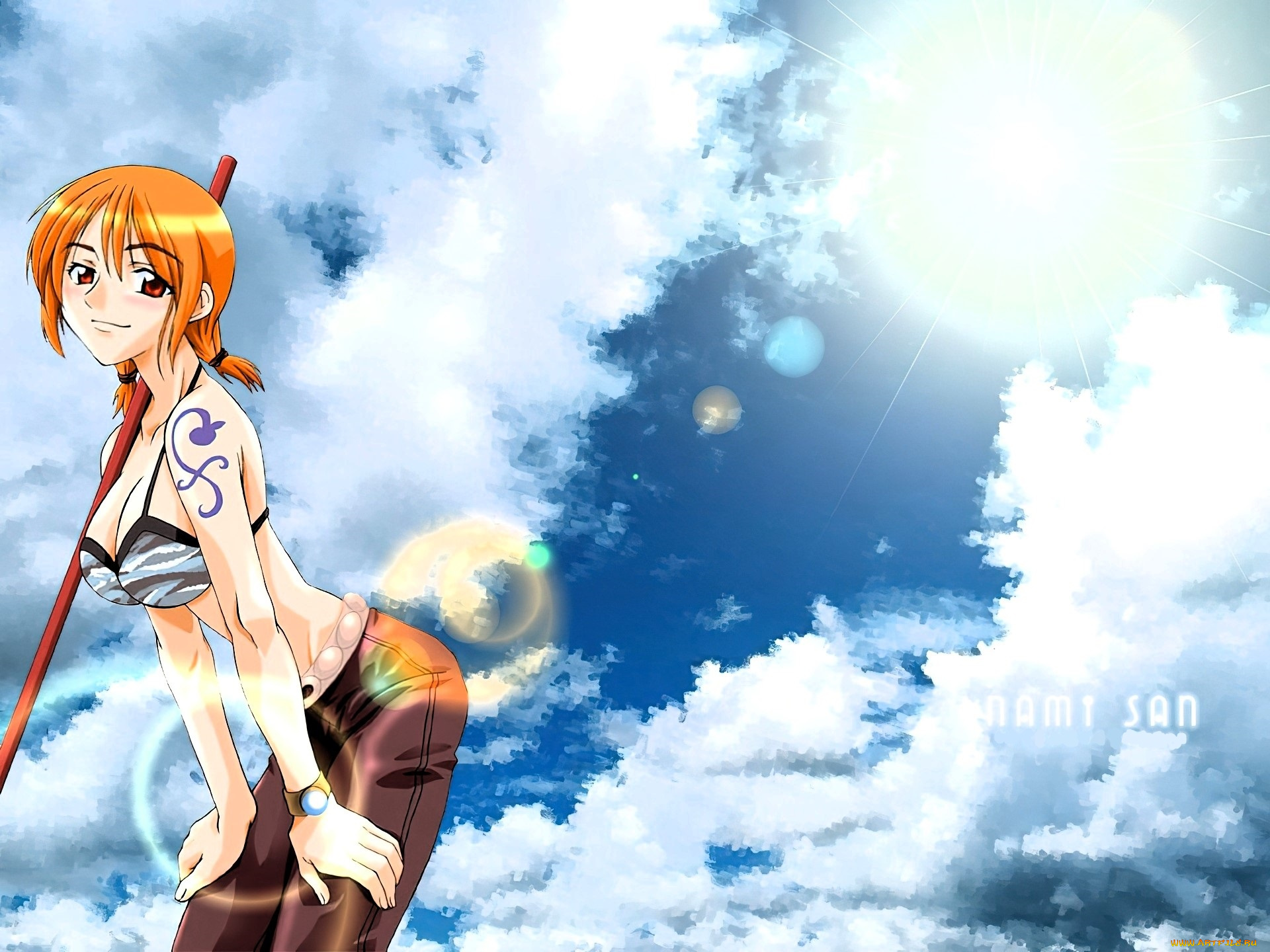 аниме, one, piece, девушка, посох, облака